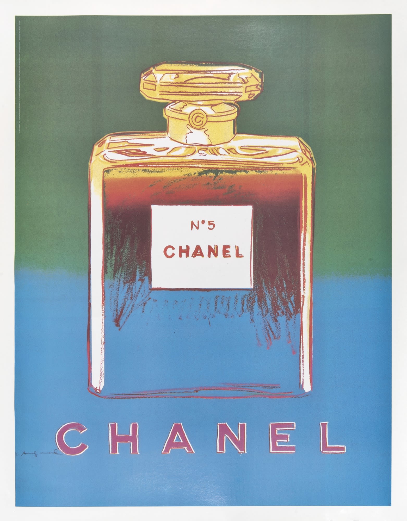 Andy Warhol (American 1928-1987), 'Chanel No.5', #3, 1997 Offset lithograph on linen back, part of a set of four of vintage posters. Published by Chanel and Andy Warhol Foundation, 1997 71 x 53cm From an unnumbered and unknown edition, signed in the plate £995