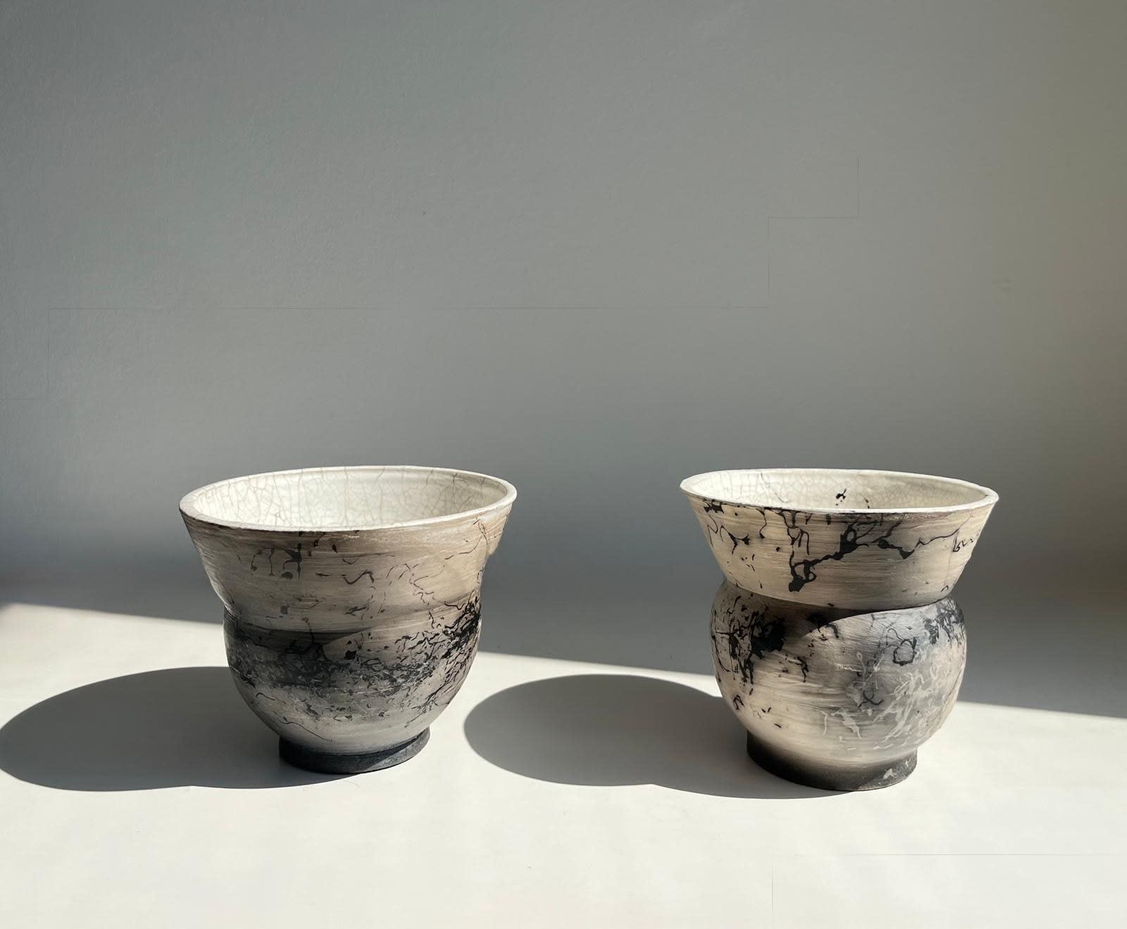 Violetta Papachristodoulou Horsehair Raku bowls Stoneware and porcelain slip 12 cm h x 14 cm, each one. £450 - Set of two