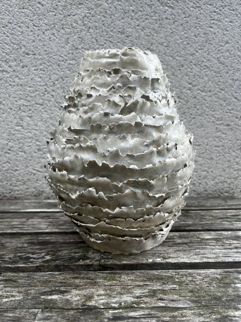 Ruth Sacks 'Frayed Ribbon' Vase Process - Thrown and altered White stoneware, glazed 24x10cm £550