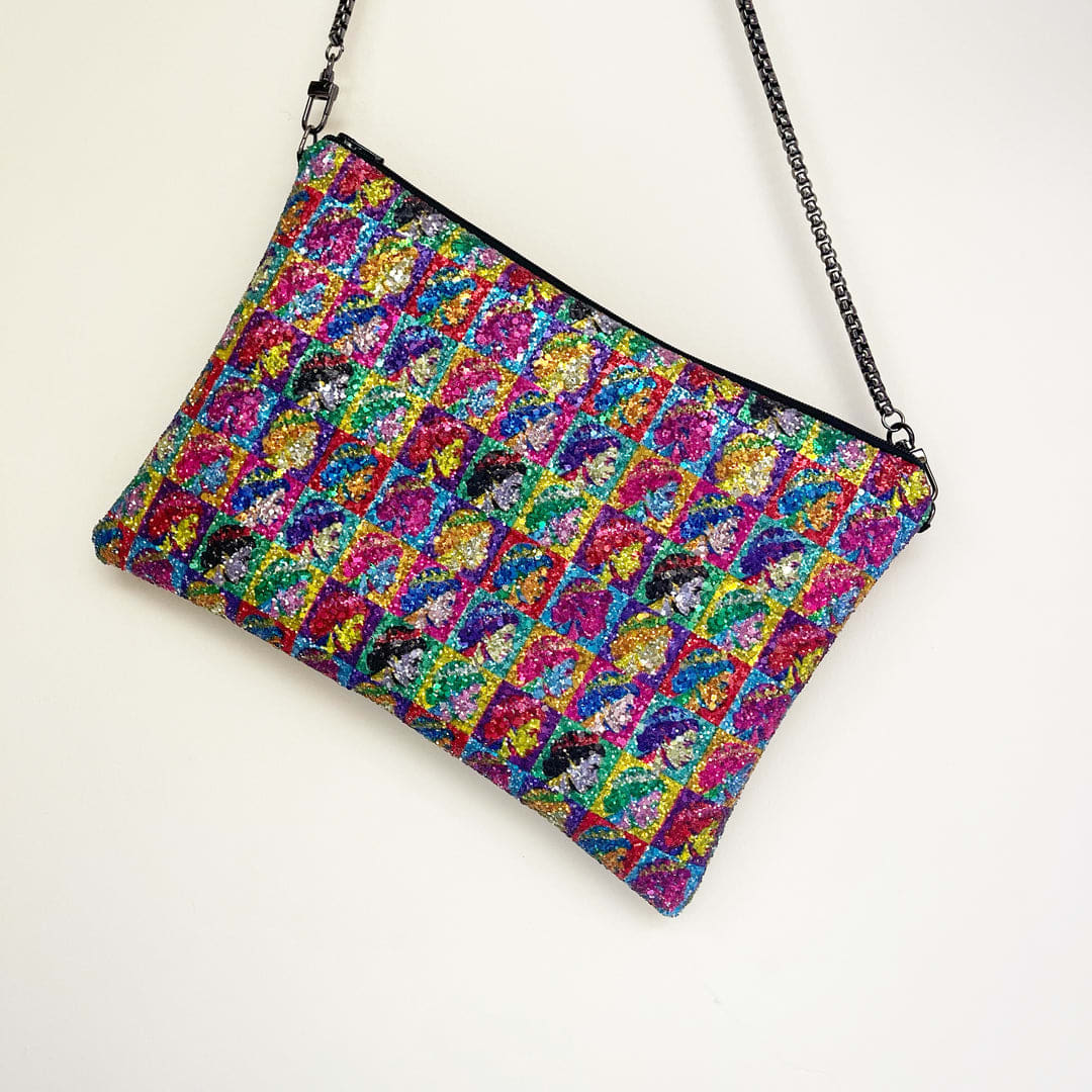 Petit Dunnocks The Queen Glitter Clutch Bag, gunmetal 120cm long chain 18x28cm £50