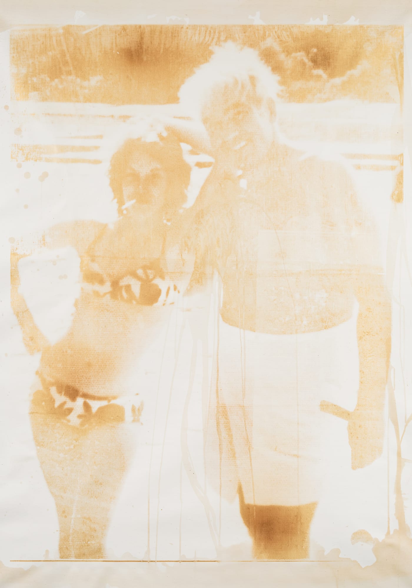 Pineway Trails, 2024 Nicotine, alcoholic cocktail and metallic gold silkscreen ink on canvas 60 x 42 inches, 152.4 x 106.6 cm