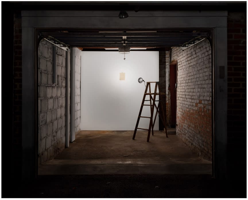 Put the Garbage Out, 2020 Ladder, clamp on work light with aluminum reflector and handwritten note Dimensions variable
