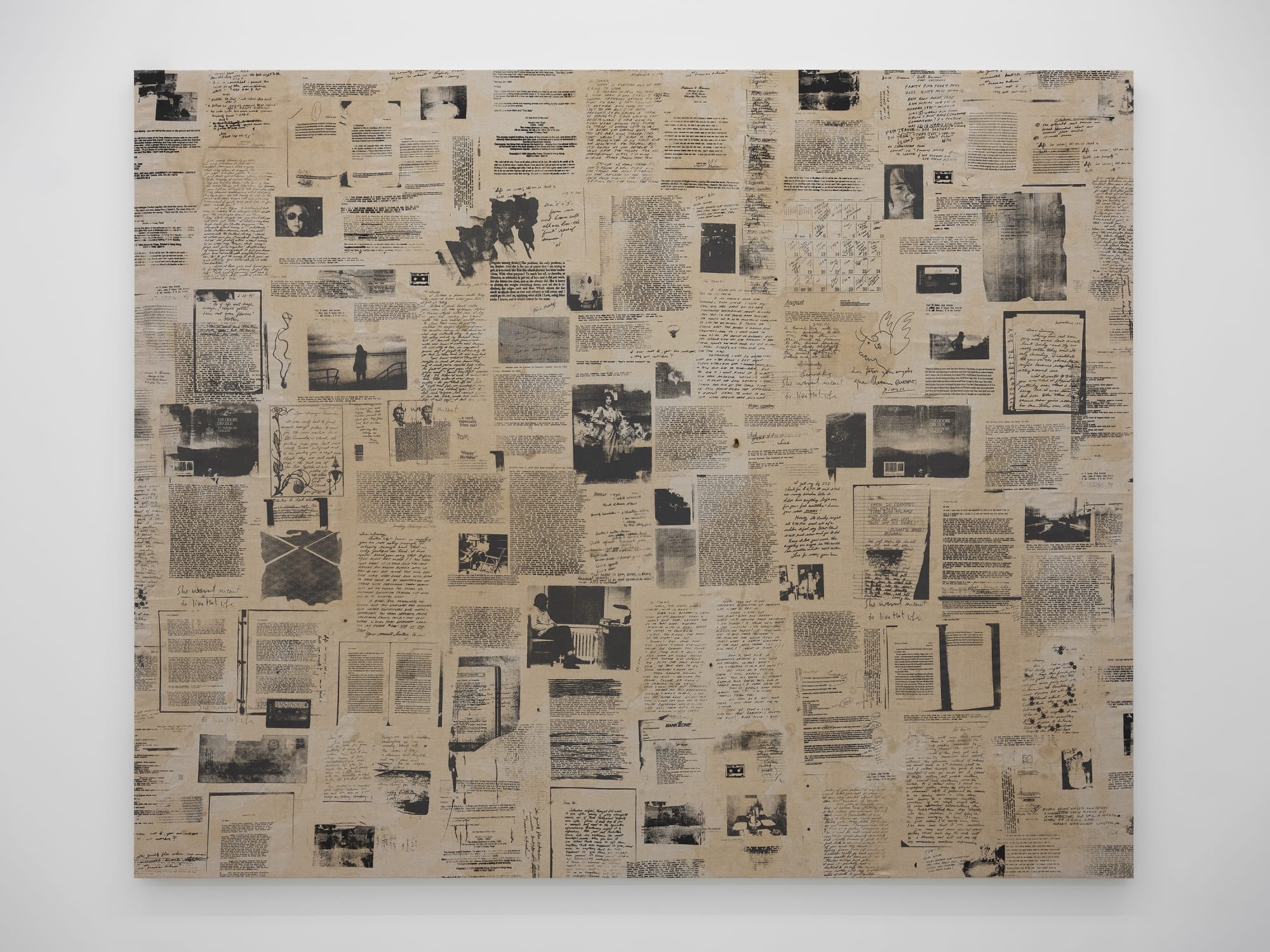 Tom & Sue, 2022 Graphite, resin, funerary ash, alcohol, cigarette burns on unprimed linen 76 x 94 inches