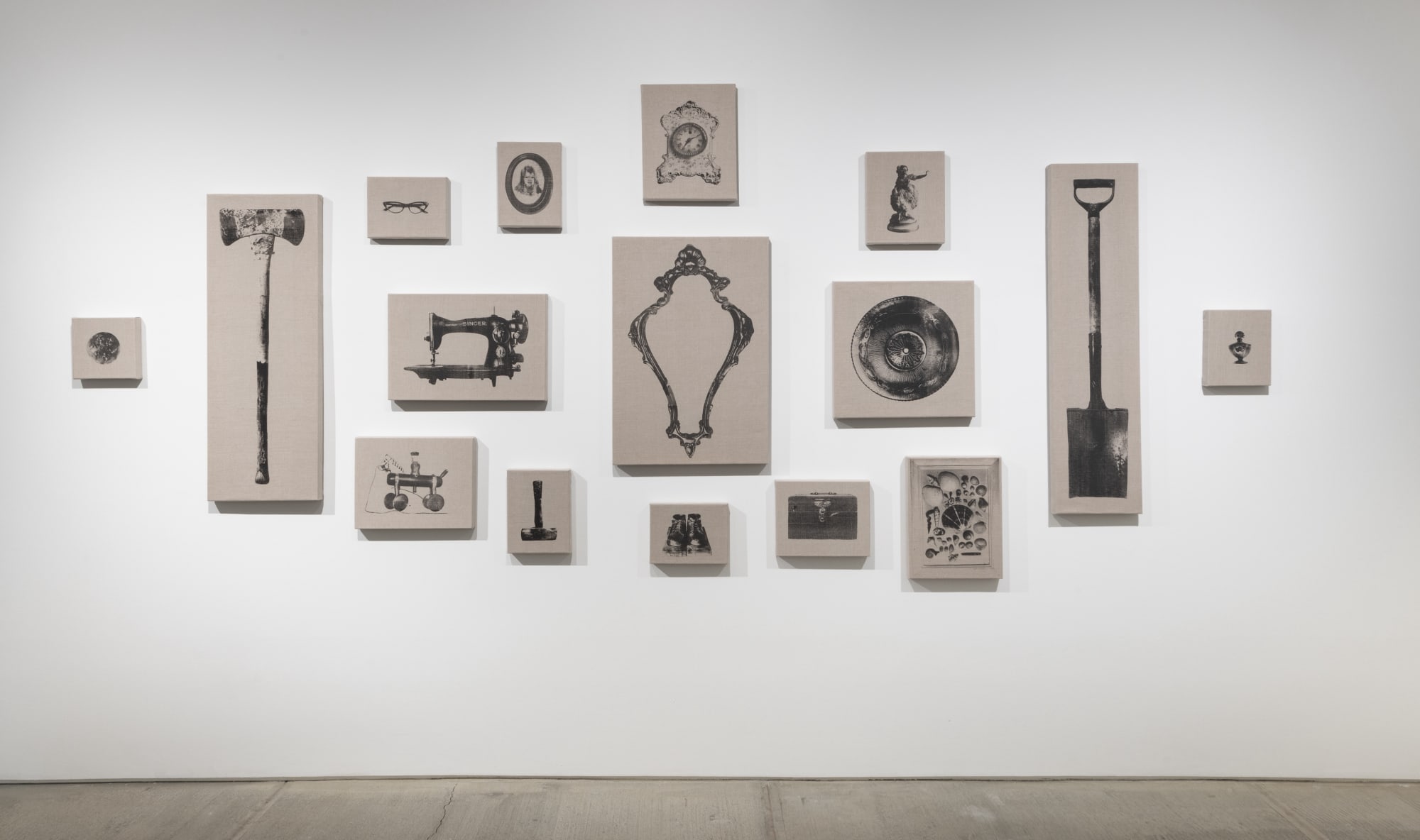 Between the Clock and the Bed, 2023 Graphite, resin and funerary ashes on raw linen Dimensions variable 16 parts