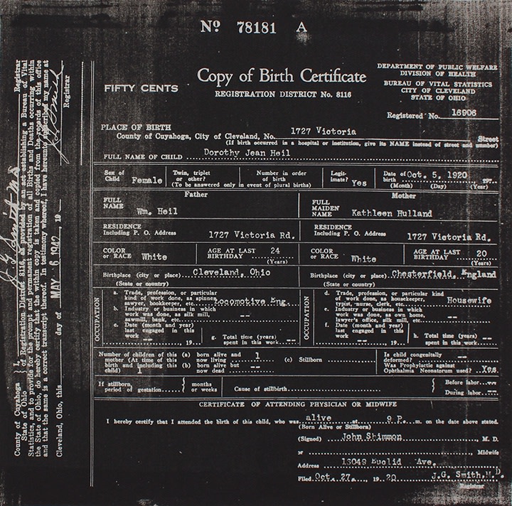 Jeanne Dorothy Heil (Birth Certificate), 2017 Graphite, resin and funerary ashes on muslin 15 x 16 inches