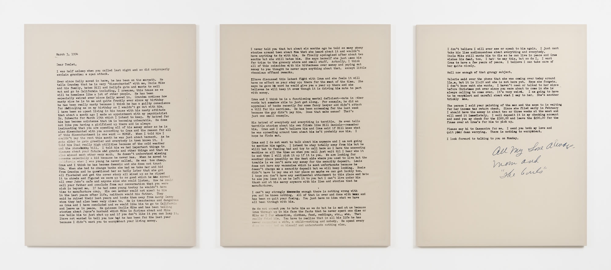 Letter, March 3, 1994, 2019 Graphite, resin and funerary ash on muslin 3 panels each panel 78 x 60 inches