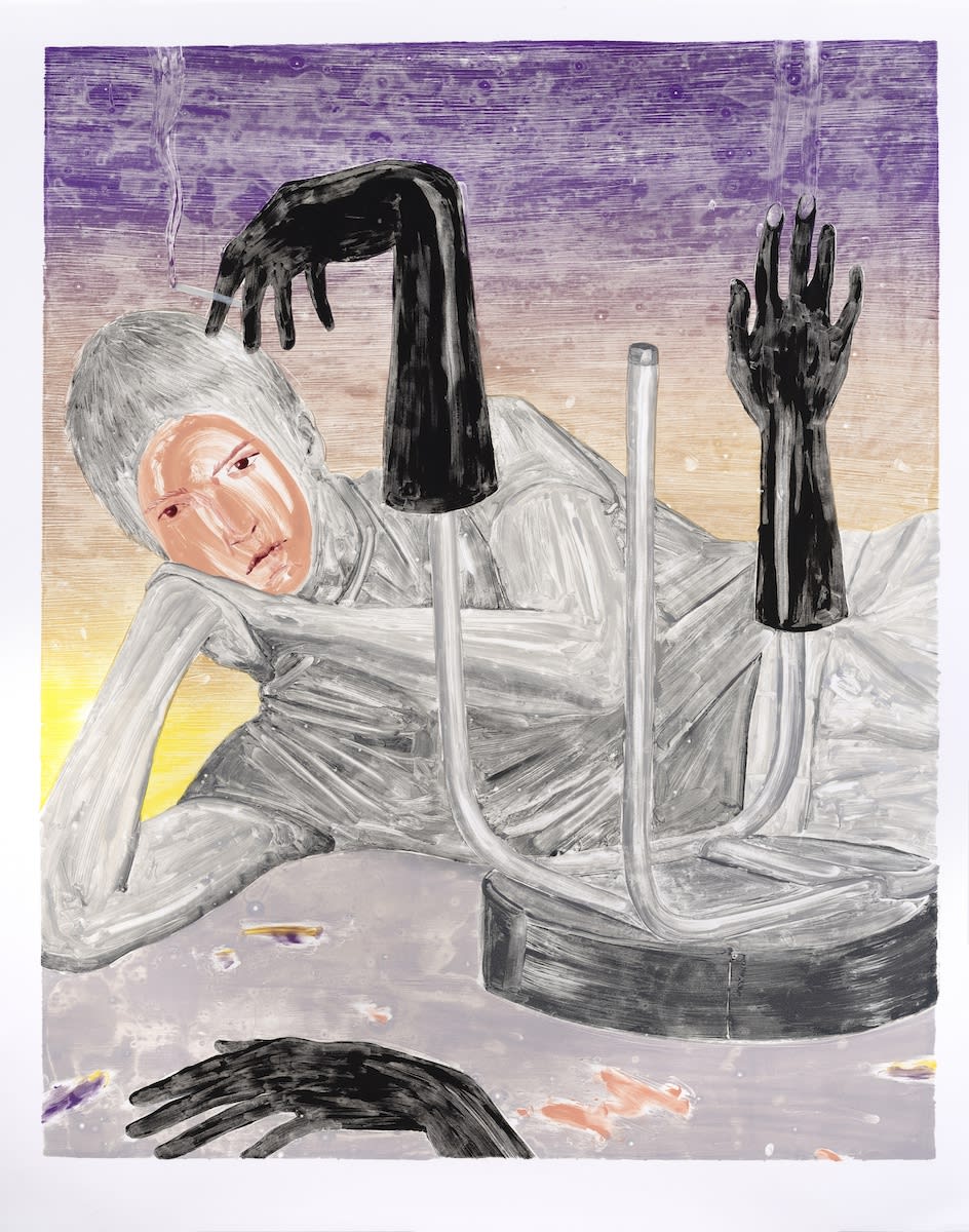 Monotype, oil color and wax pastel on paper