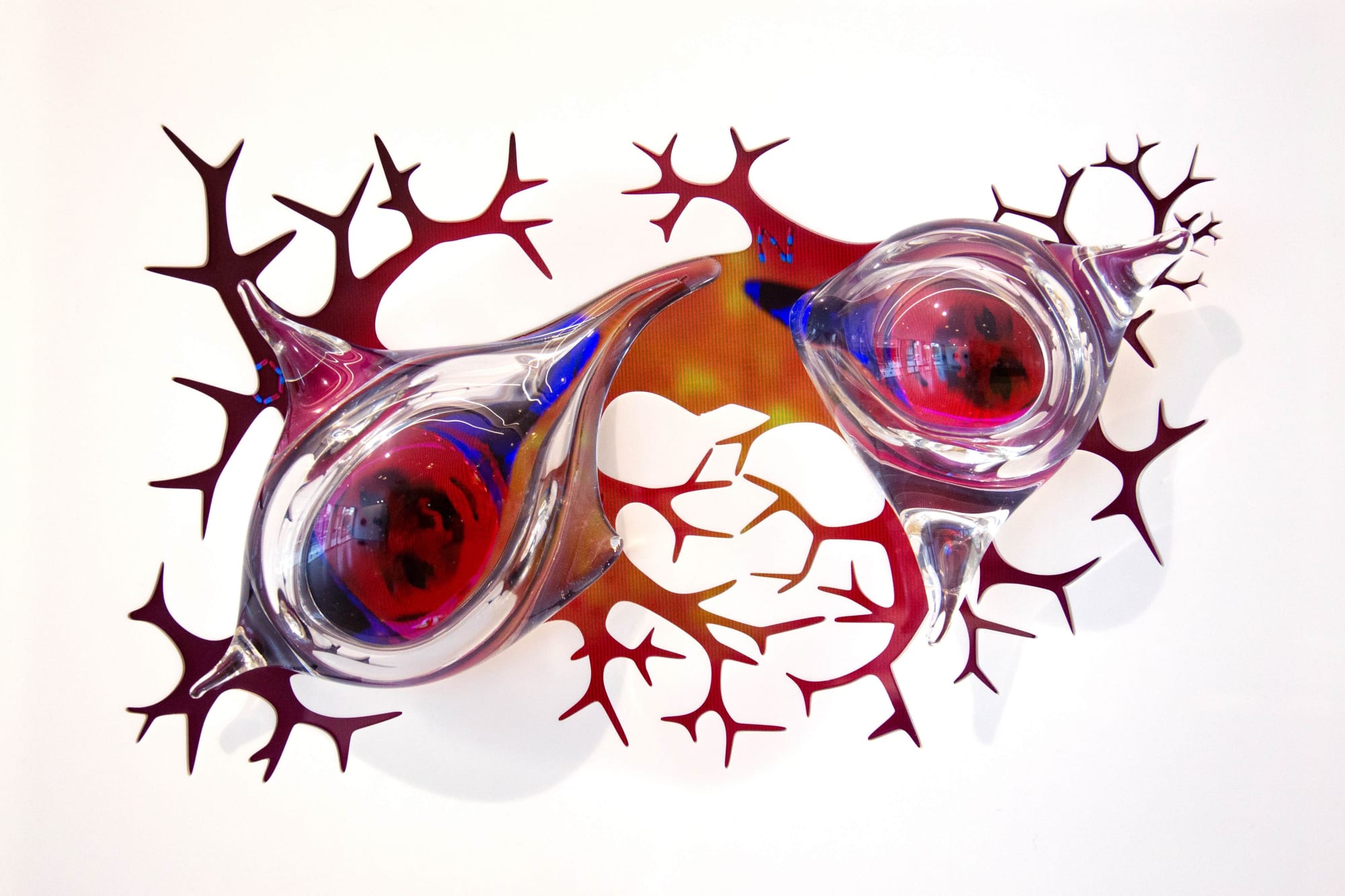 Multi-channel video,7:30 minutes, looped Hand-blown glass sculptures, video screen embedded in acrylic