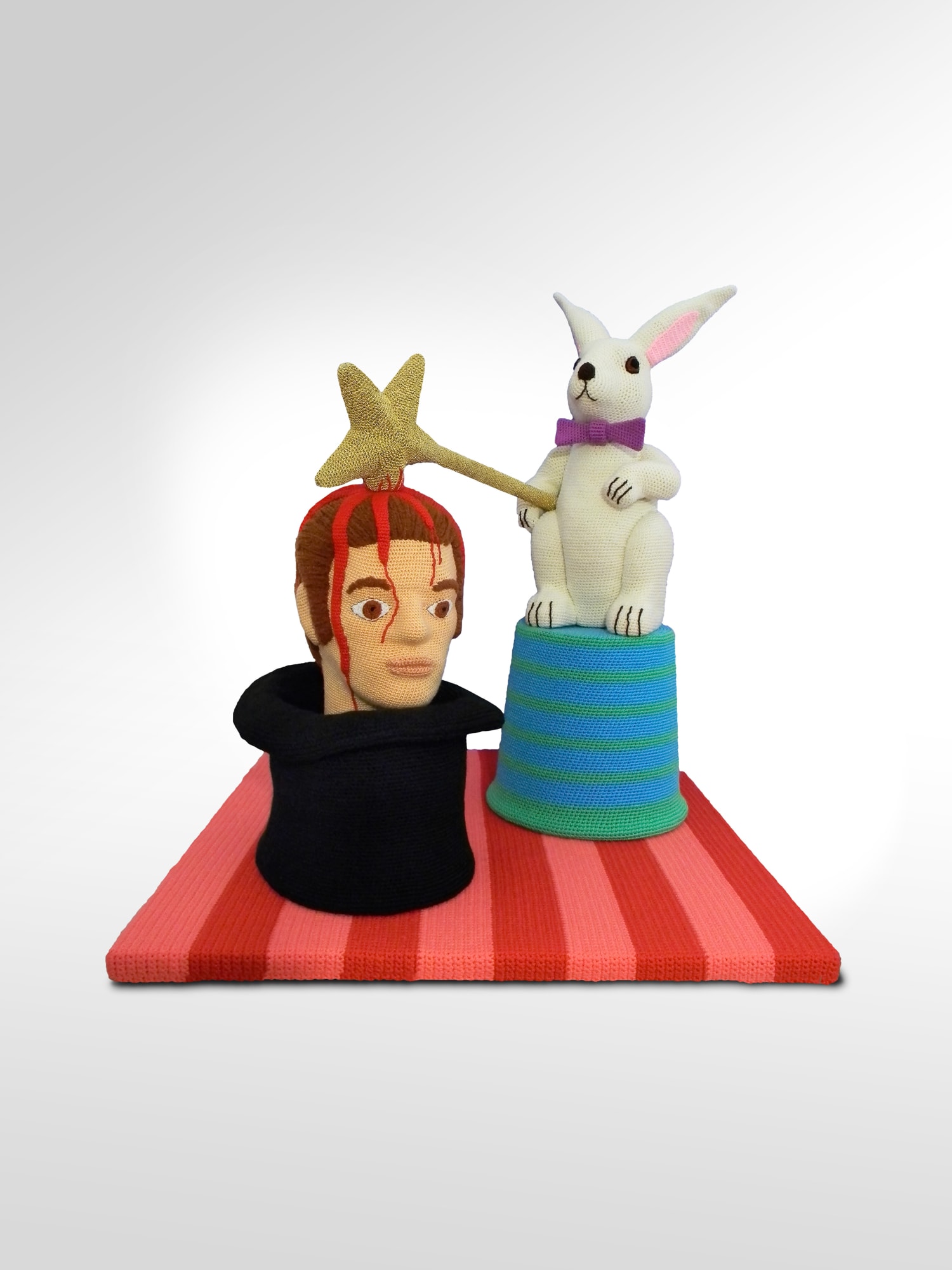 Acrylic yarn, styrofoam, plastic, wood; crochet