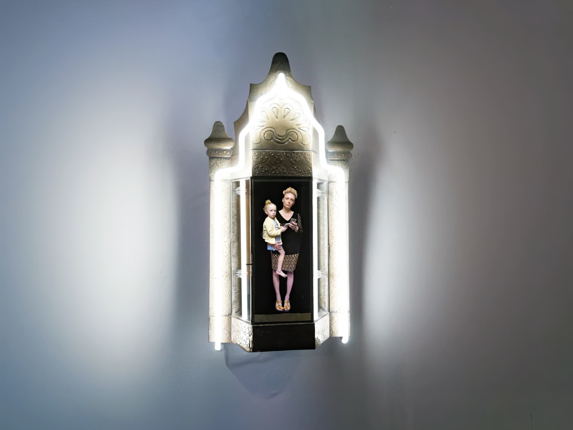 22 Minute Looping Video Sculpture, Tin, Glass, Video Screen, Acrylic, Neon