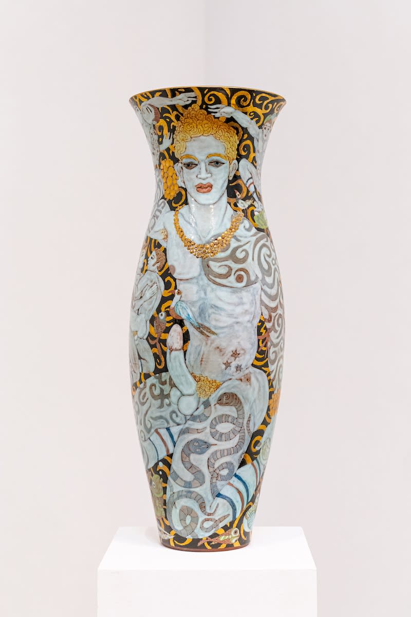 The Golden Cock Vase, 2009 Artwork is signed on the bottom Ceramic, faience, and gold
