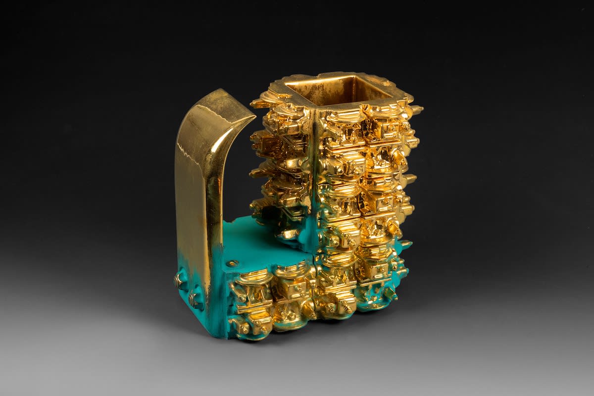 Euclidean Large Stein, 2021 Artwork is stamped on the bottom Gold Luster Glaze, Oil Painted Earthenware