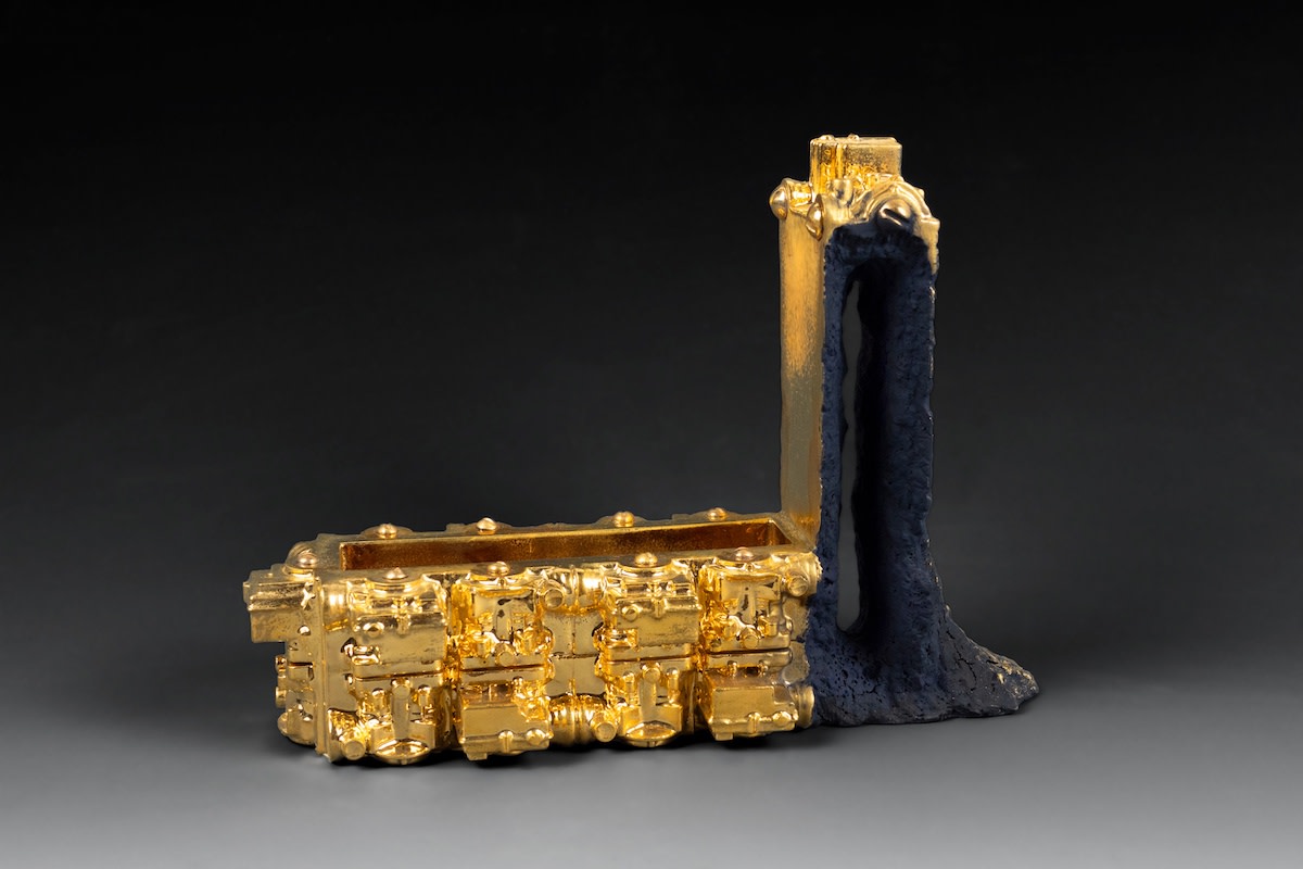 Euclidean Cup with Portal, 2021 Artwork is stamped on the bottom Gold Luster Glaze, Oil Painted Earthenware