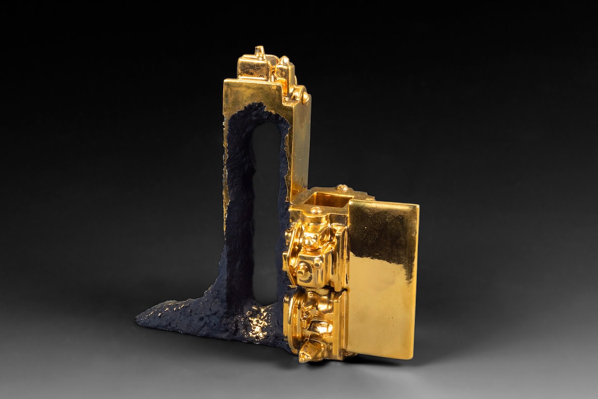 Euclidean Cup with Portal #2, 2020 Artwork is stamped on the bottom Gold Luster Glaze, Oil Painted Earthenware