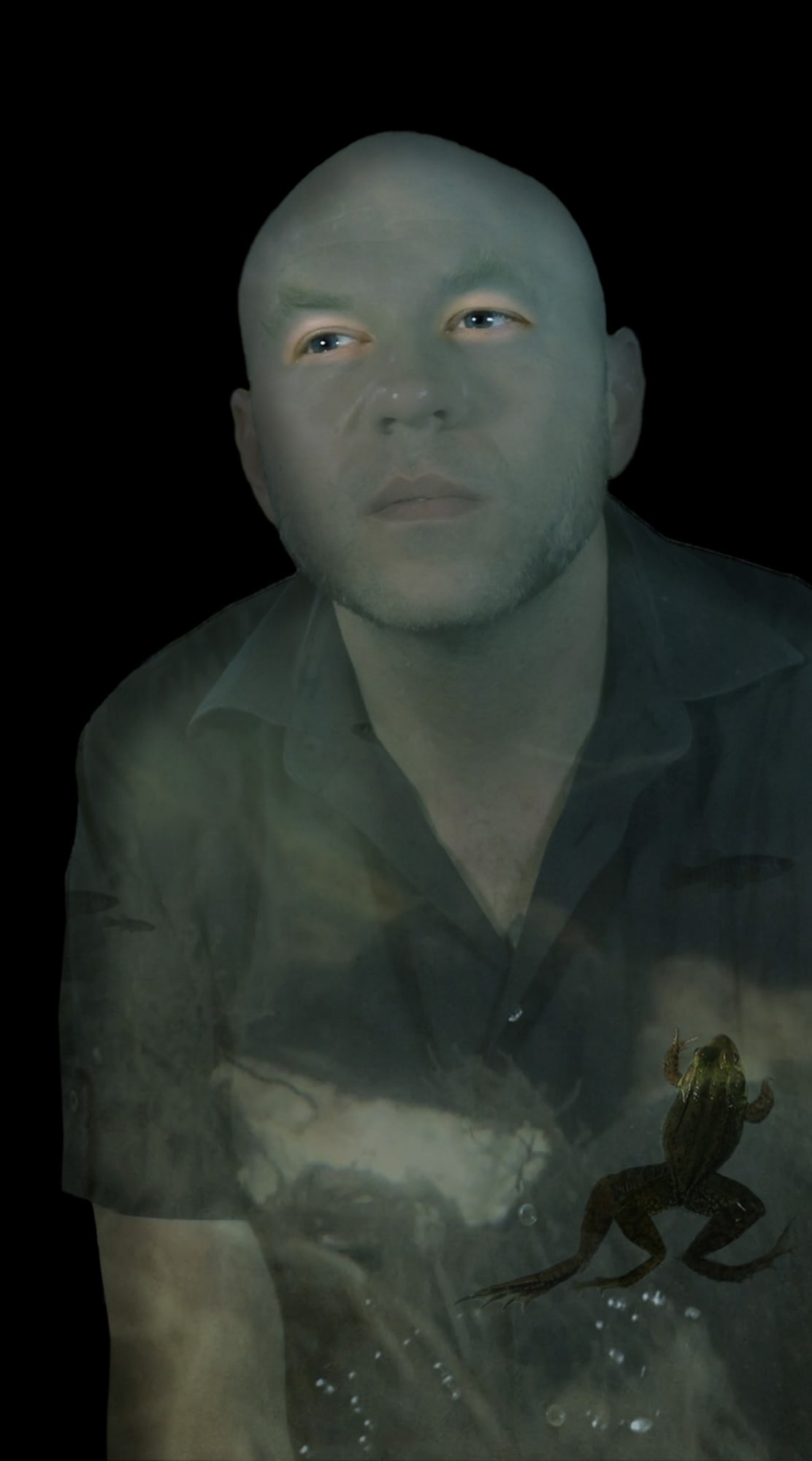 Brandon Balengée, Artist, Biologist, 2019 Animation (mutant frog, spotted gar, oil, formenifera), 1 minute