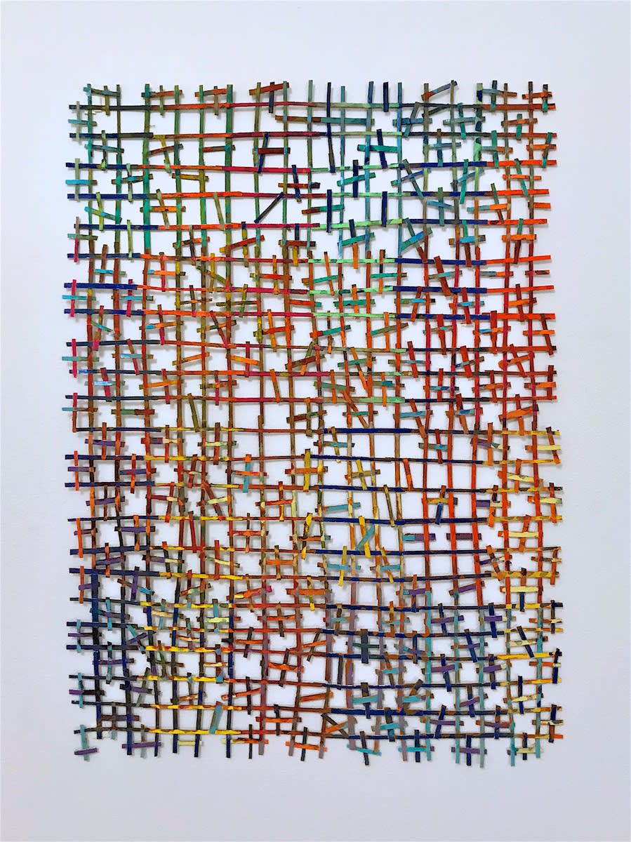 Template (Garden), 2019 Screen printed paper, hand cut and woven, watercolor, colored pencil, glue, t-pins