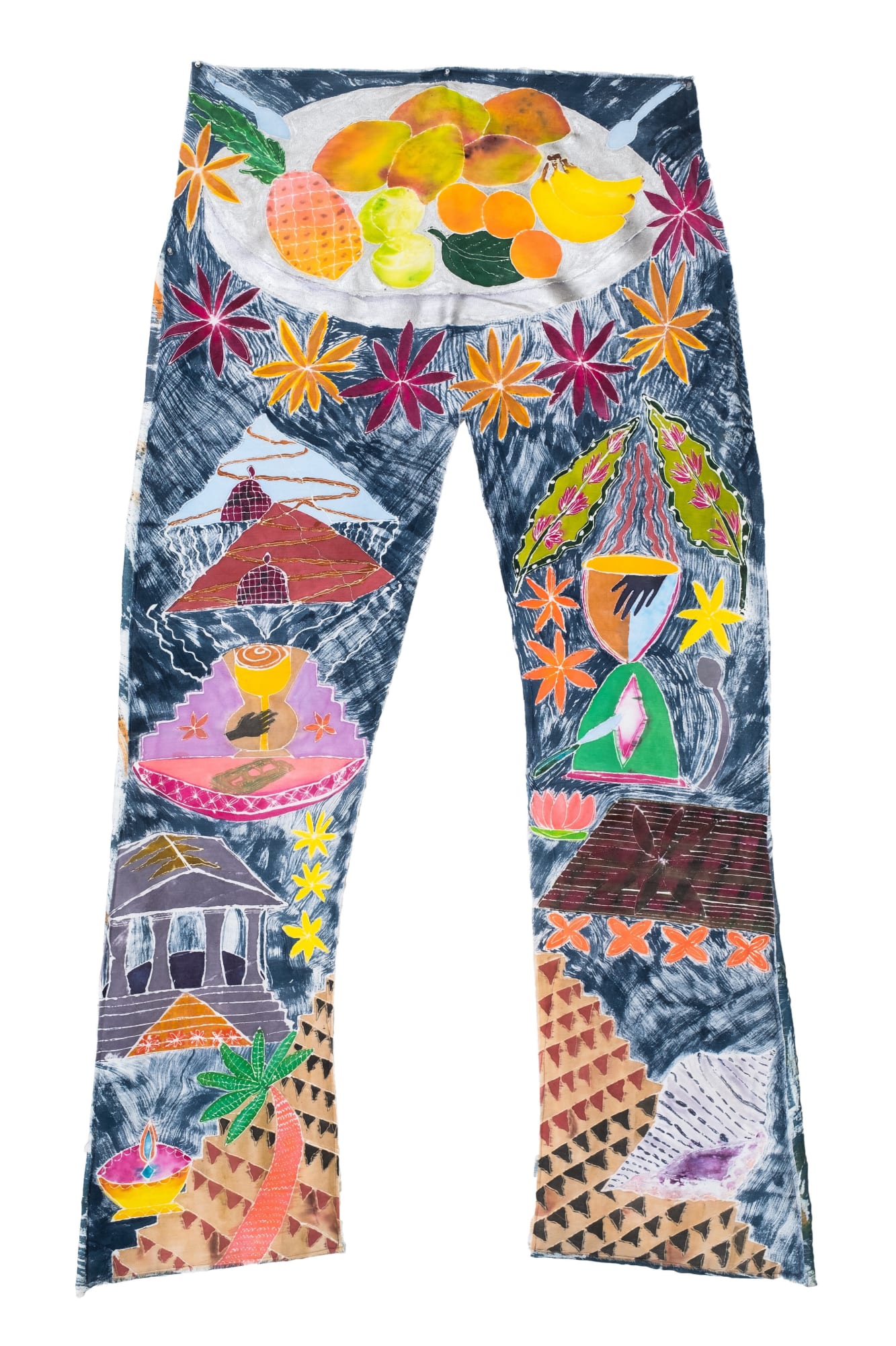 American Dream Jeans Too, 2018 Resist, dye, polyester, and stitching on fabric