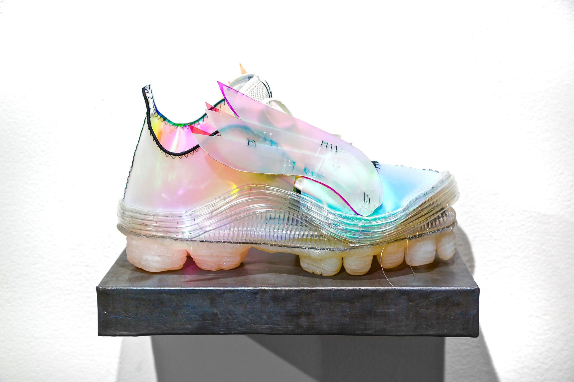 Hermes, 2018 cast silicone, silicone sheet, musical sheet, iridescent film, monofilament, nylon, silicone tubing, Nike tongue and laces