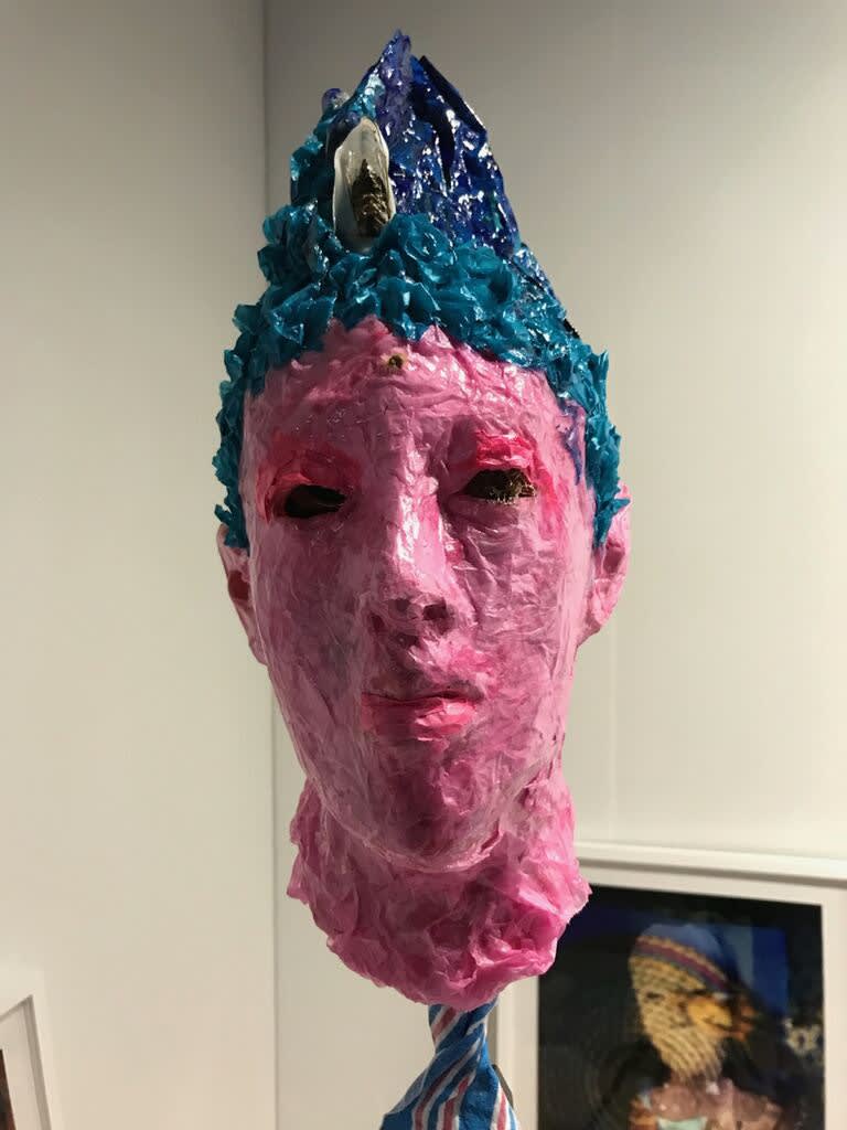 Pink Sulla, 2018 Rubber mask, paper, acrylic varnish, acrylic paint,cicada, seeds