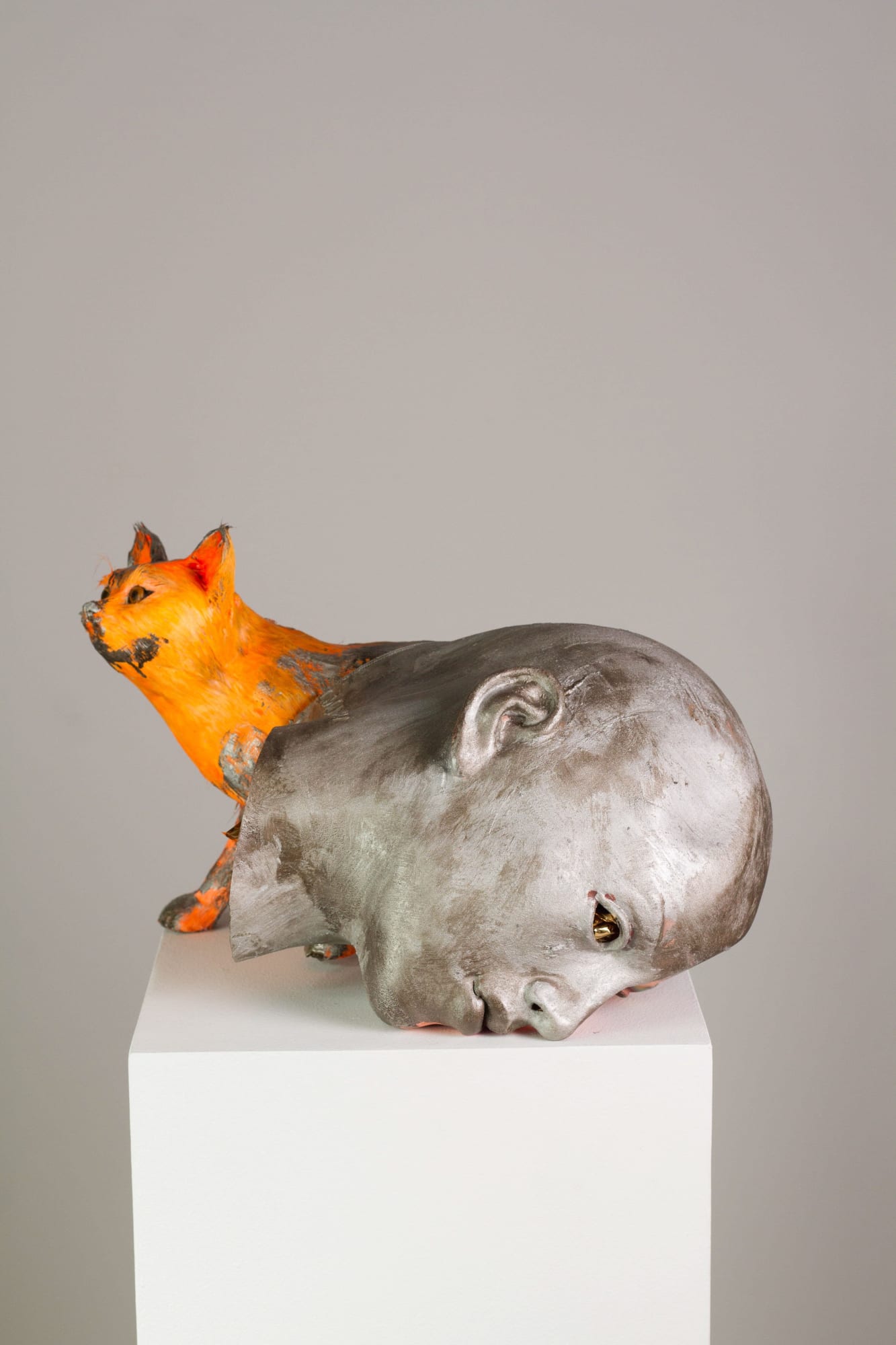 Spy Cat, 2018 Rubber mask, taxidermy cat, aluminum paint, acrylic paint