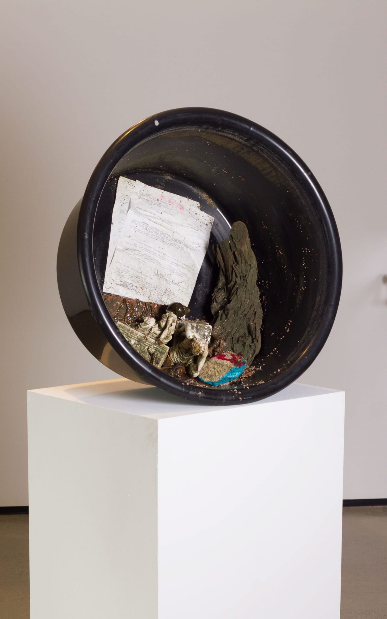 The Trustees, 2018 Found objects, gravel, letter, rubber bucket, acrylic, varnish