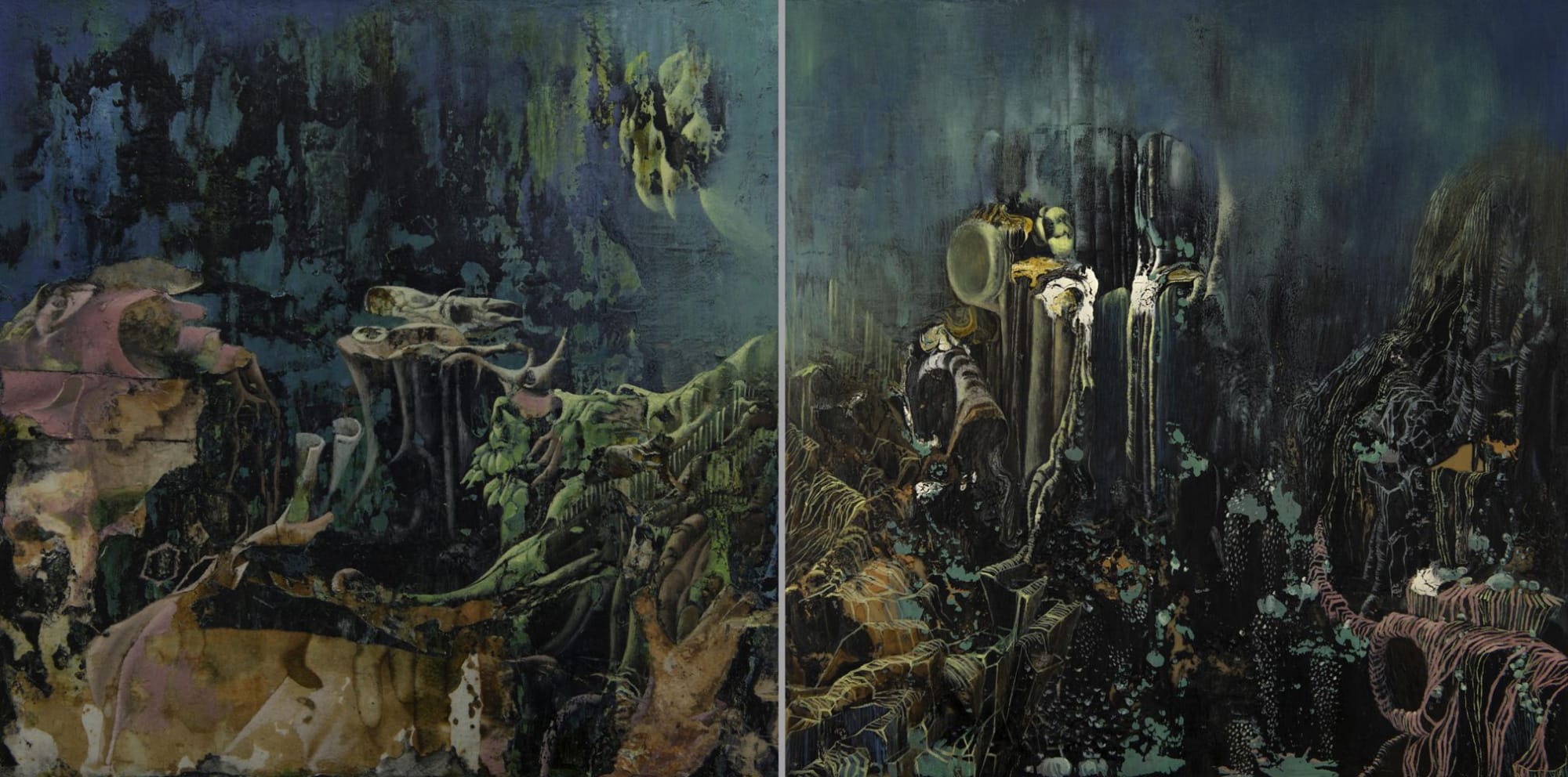 Nightscapes 2, 2015 Oil, pigment, hand-made paper on wooden panel