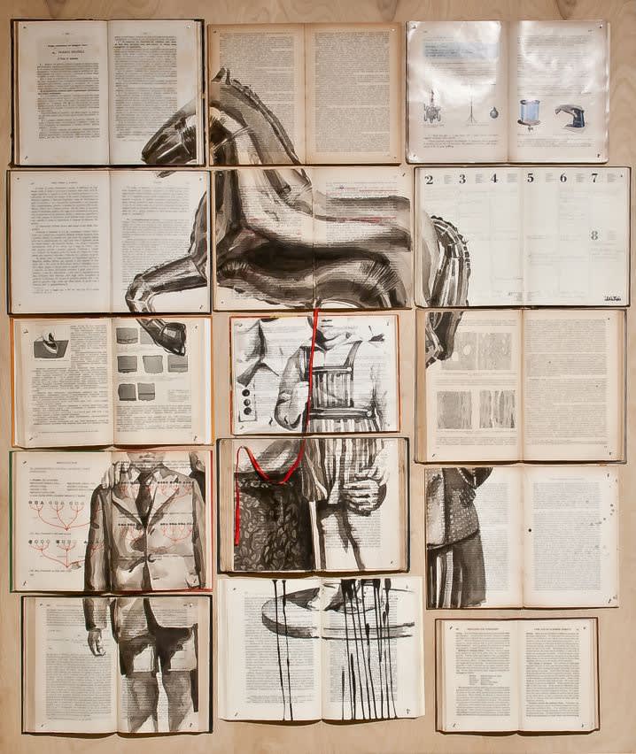 Giardini Infantili, 2014 Signed, titled and dated on verso Work on Paper, ink on aged books, mounted on birch wood