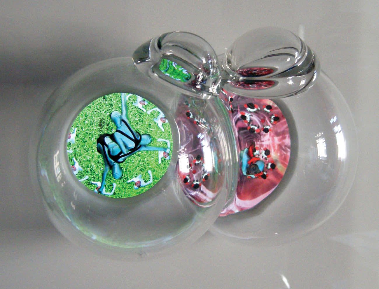 Toybubble, 2010 2-Channel video composition, hand-blown glass bubbles, video screen embedded in an acrylic box, 2:22 minutes, looped