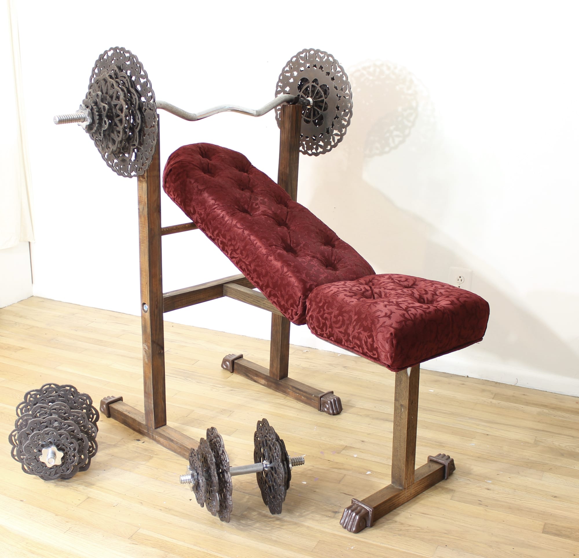 Doily Dumbbells and Bench, 2022 Steel, wood, fabric