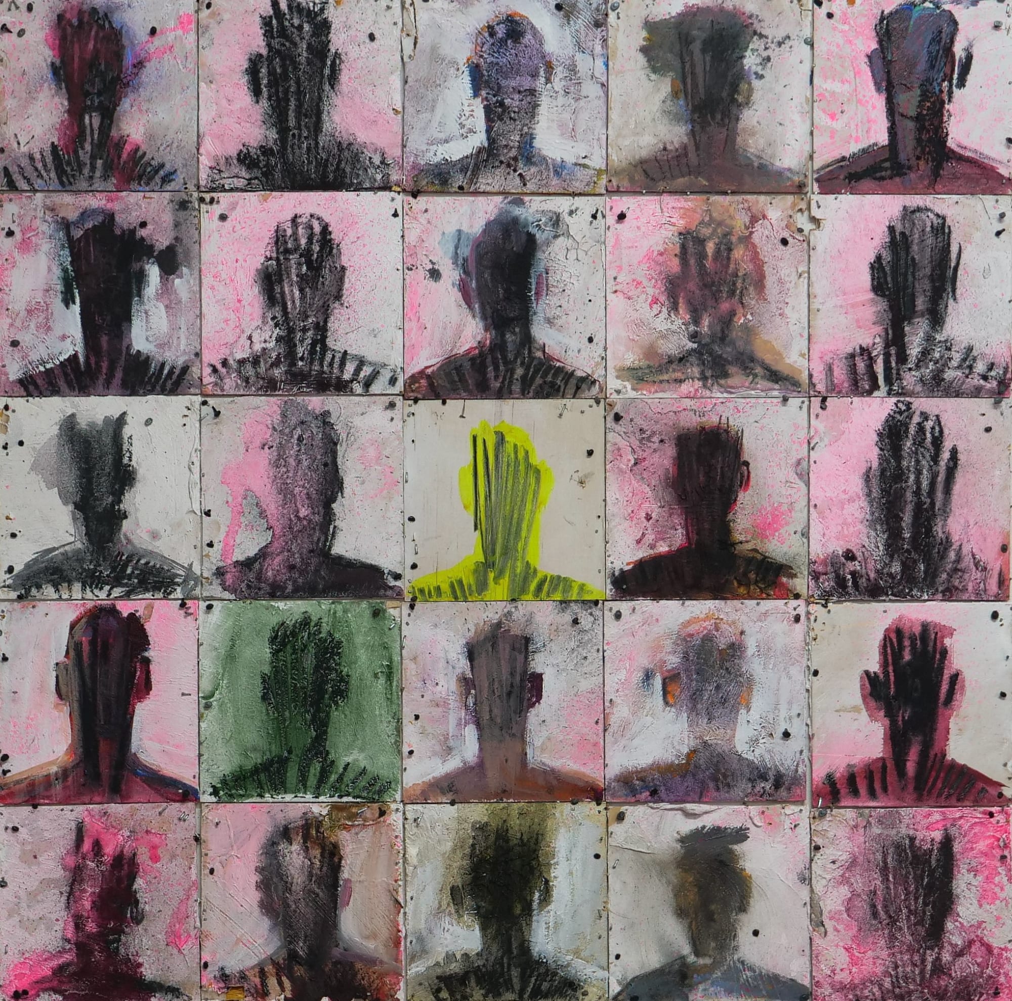 CONNECT (CA.025.proto) acrylic, spray paint, charcoal, F-pin, nail on panel 60.6 x 60.6cm 2024