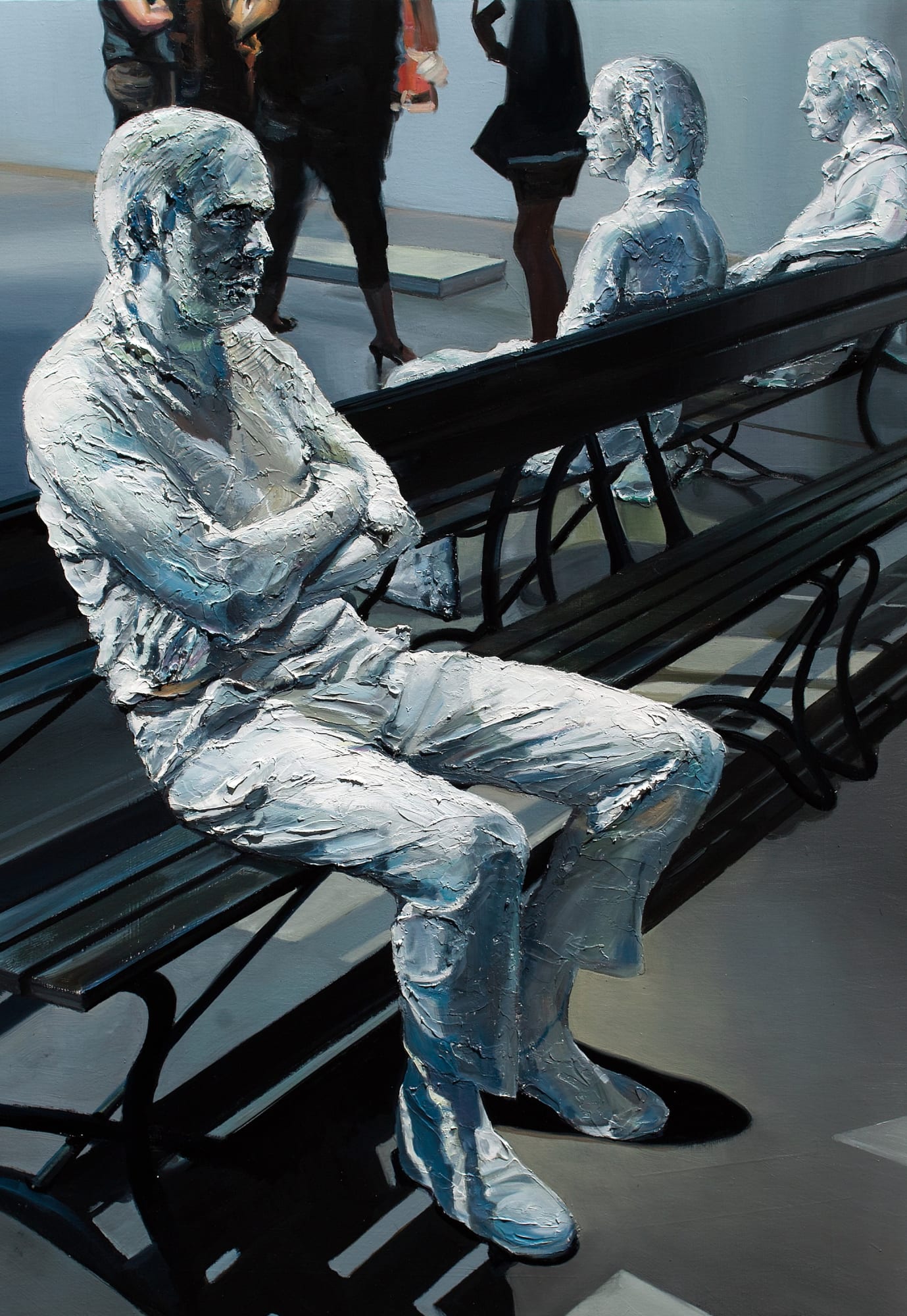 Ways of Seeing-Three People on Four Benches oil on canvas 116.8 x 72.7cm 2018