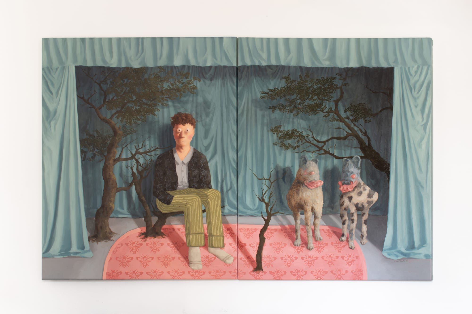PASCUAL OVALLE One person and two animals in a room Oil on canvas 100 x 160cm (100 x 80cm, each) 2025