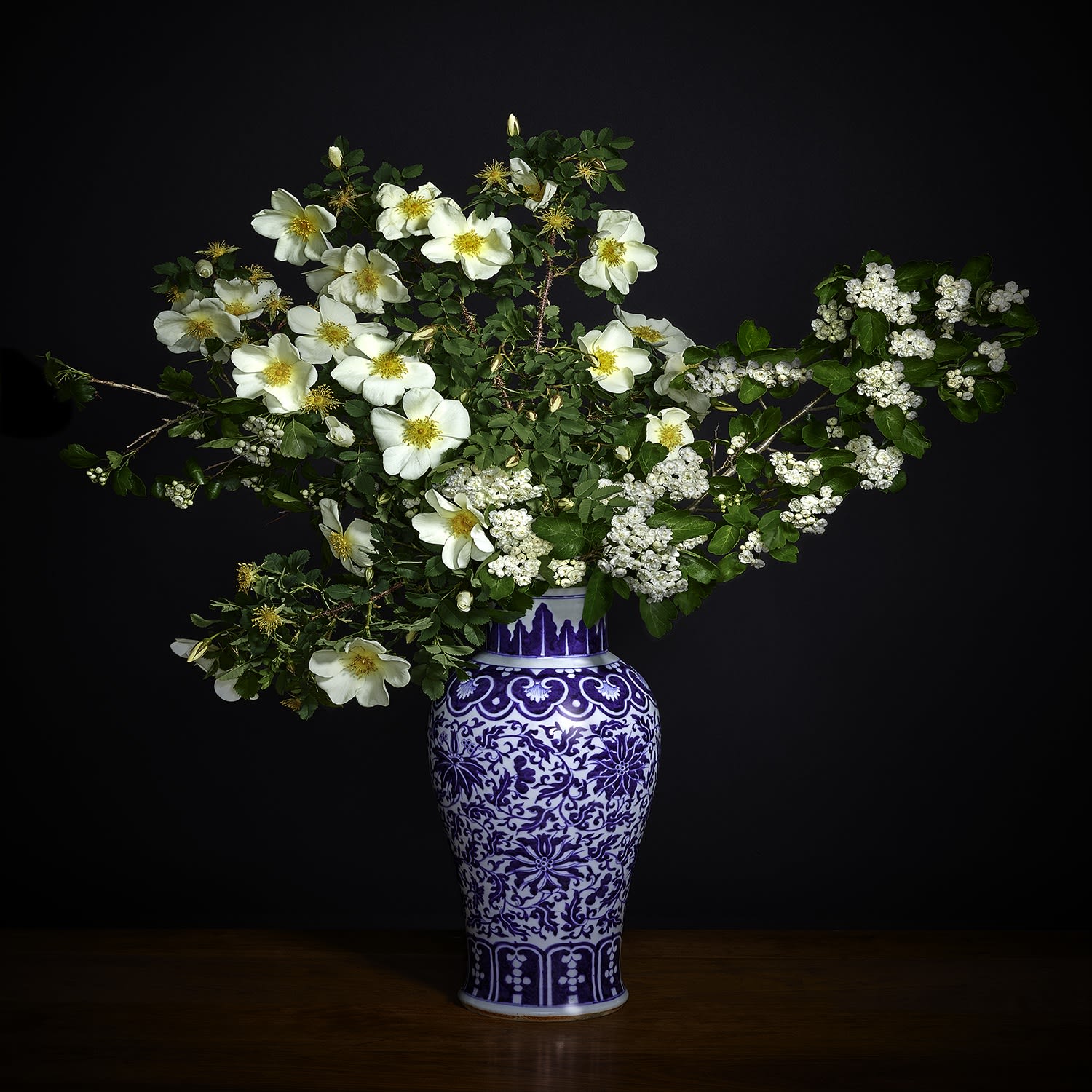 White Hawthorne & White Shrub Rose in a Blue and White Chinese Vase, 2018 42 x 42 in., Ed. 10 & 2 AP 52 x 52 in., Ed. 10 & 2 AP 58 x 58 in., Ed. 10 & 2 AP