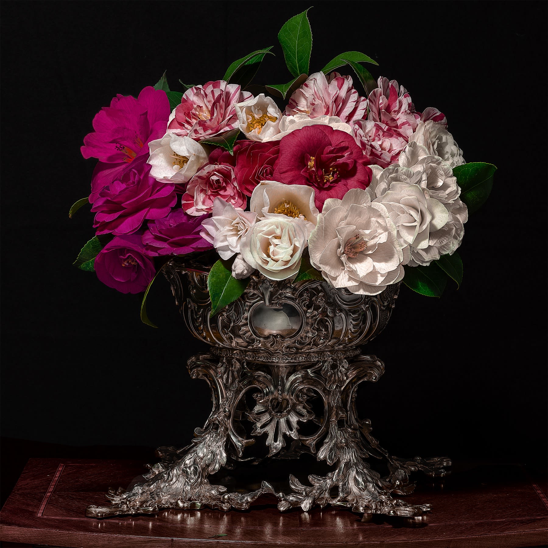 Camelias in a Silver Punch Bowl, 2018 42 x 42 in., Ed. 10 & 2 AP 52 x 52 in., Ed. 10 & 2 AP 58 x 58 in., Ed. 10 & 2 AP