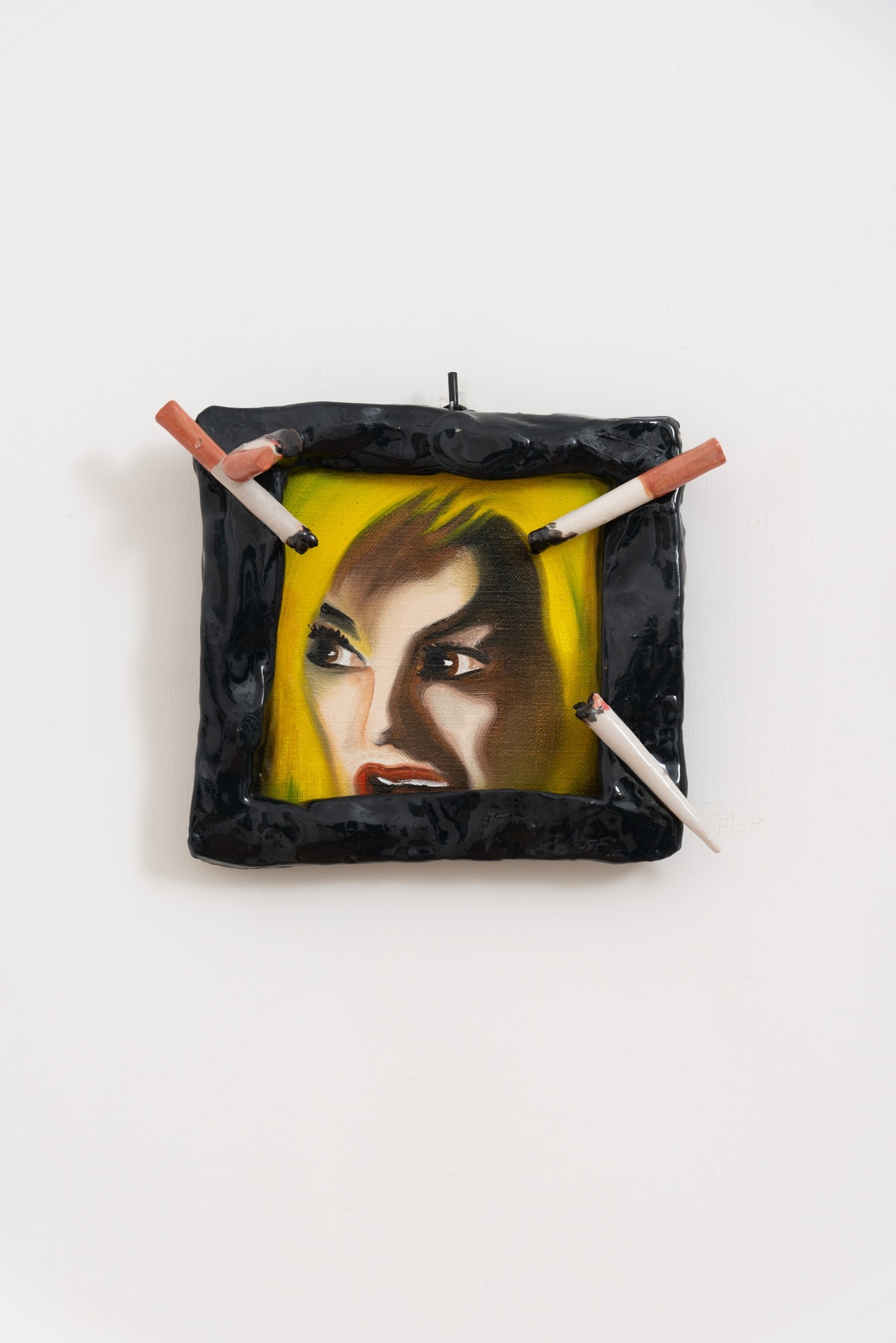 Nina, 2025 Oil on linen and ceramic 16x16x4 cm