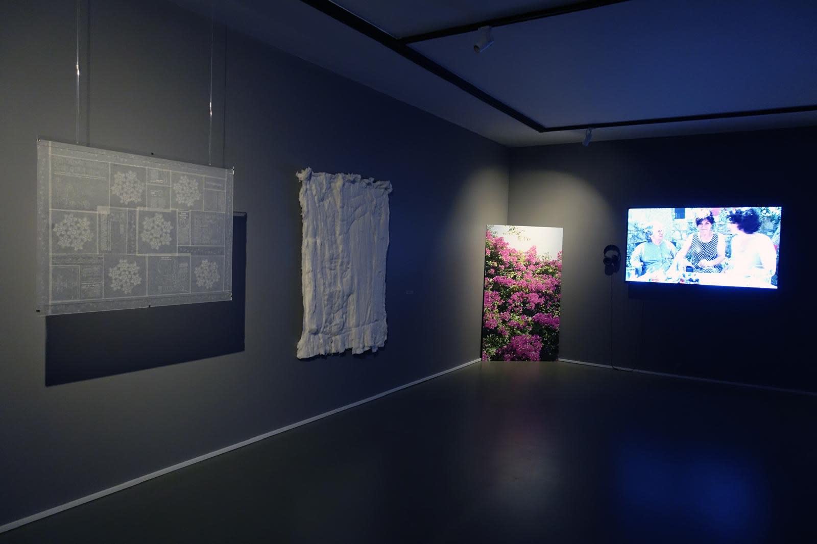on the left Defne Parman, Örtü, 2020 Needlework on tracing paper on the right Doğa Çal, Annem, ben, anneannem, 2022 Video performance Saastamoinen Foundation Collection