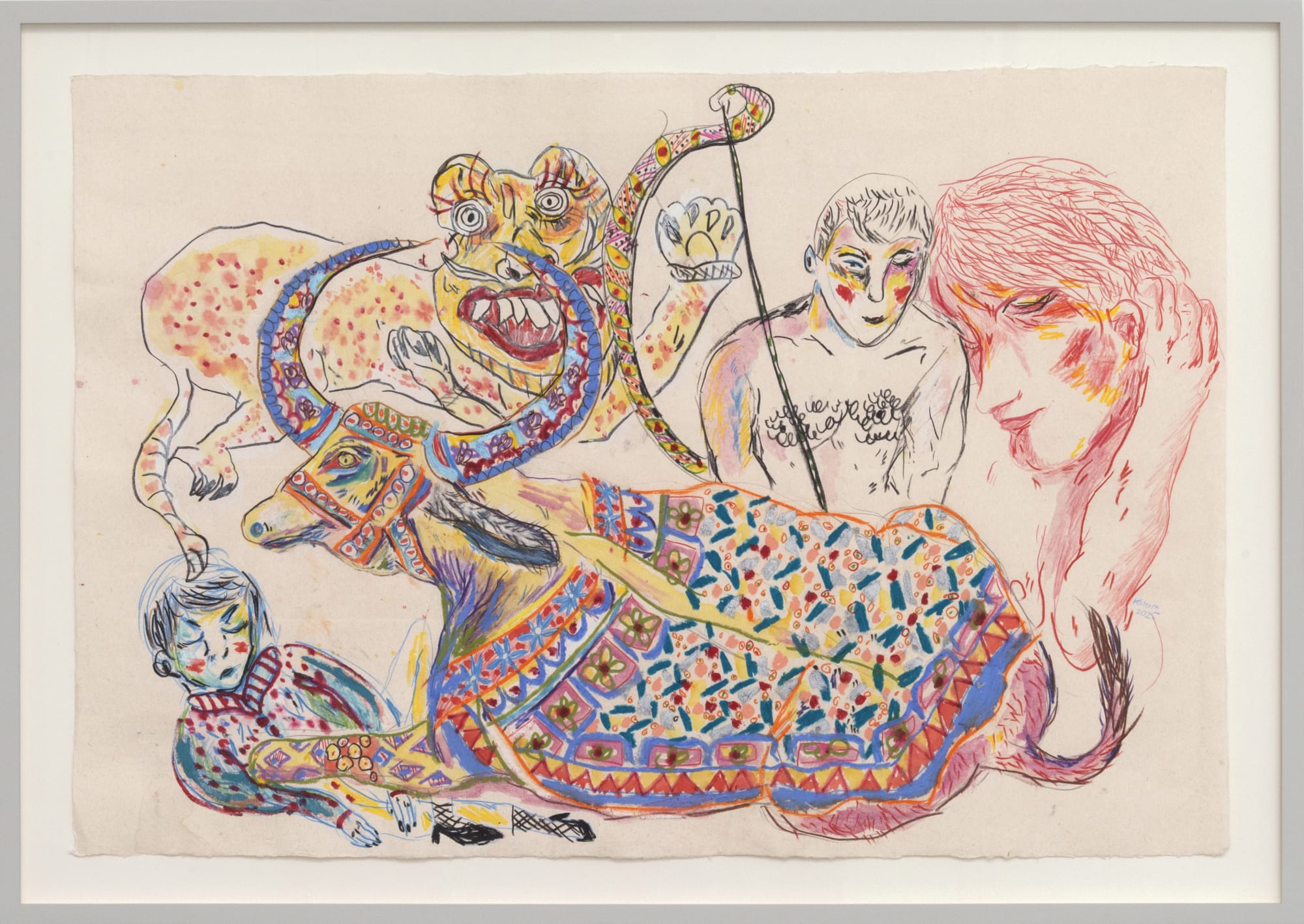 “Cow” (2025), ink and crayon on paper with handmade grey frame, by Karim Boumjimar, in Mouths, Vessels, Portals at Alice Folker Gallery.