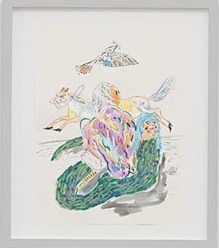 Karim Boumjimar 2025 Drawings From The Hotel V Mouths Vessels Portals Alice Folker Gallery, gouache and crayon on paper, handmade grey frame, museum glass