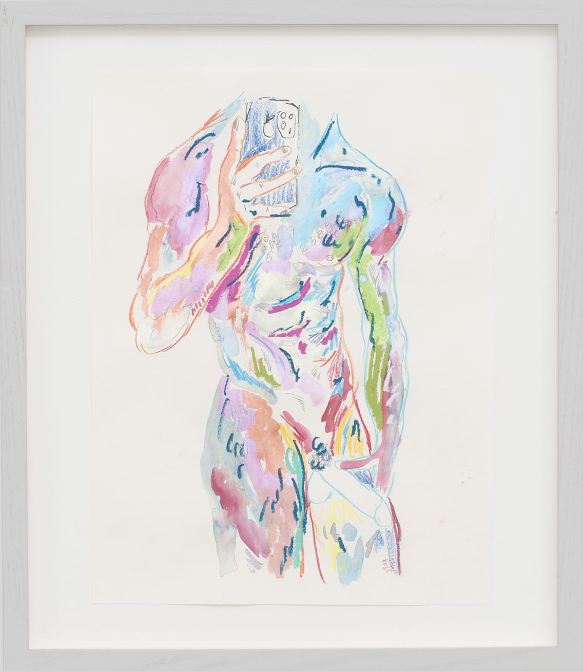 Karim Boumjimar 2025 Drawings From The Hotel Viii Mouths Vessels Portals Alice Folker Gallery, gouache and crayon on paper, handmade grey frame, museum glass