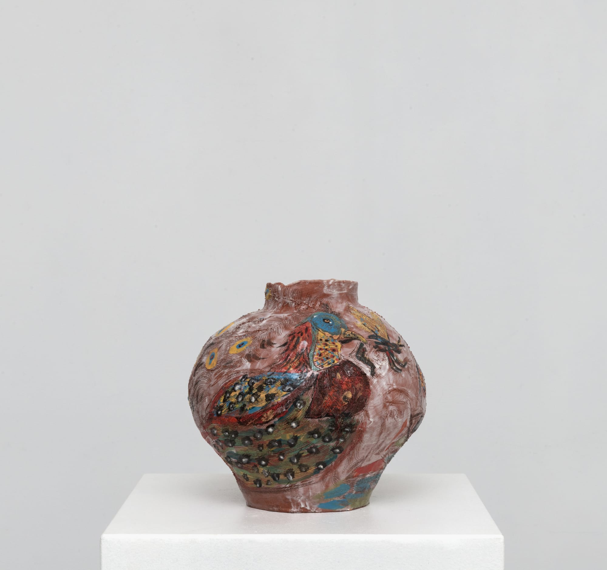 “Grass Shopper” (2025), glazed earthenware sculpture by Karim Boumjimar, in Mouths, Vessels, Portals at Alice Folker Gallery.