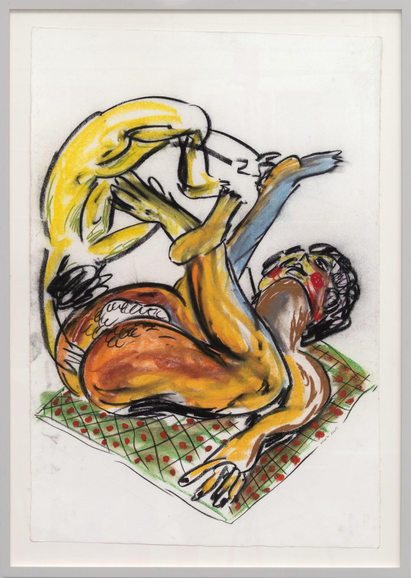 “Hang On To Your Love” (2025), crayon on paper by Karim Boumjimar, from Mouths, Vessels, Portals at Alice Folker Gallery.