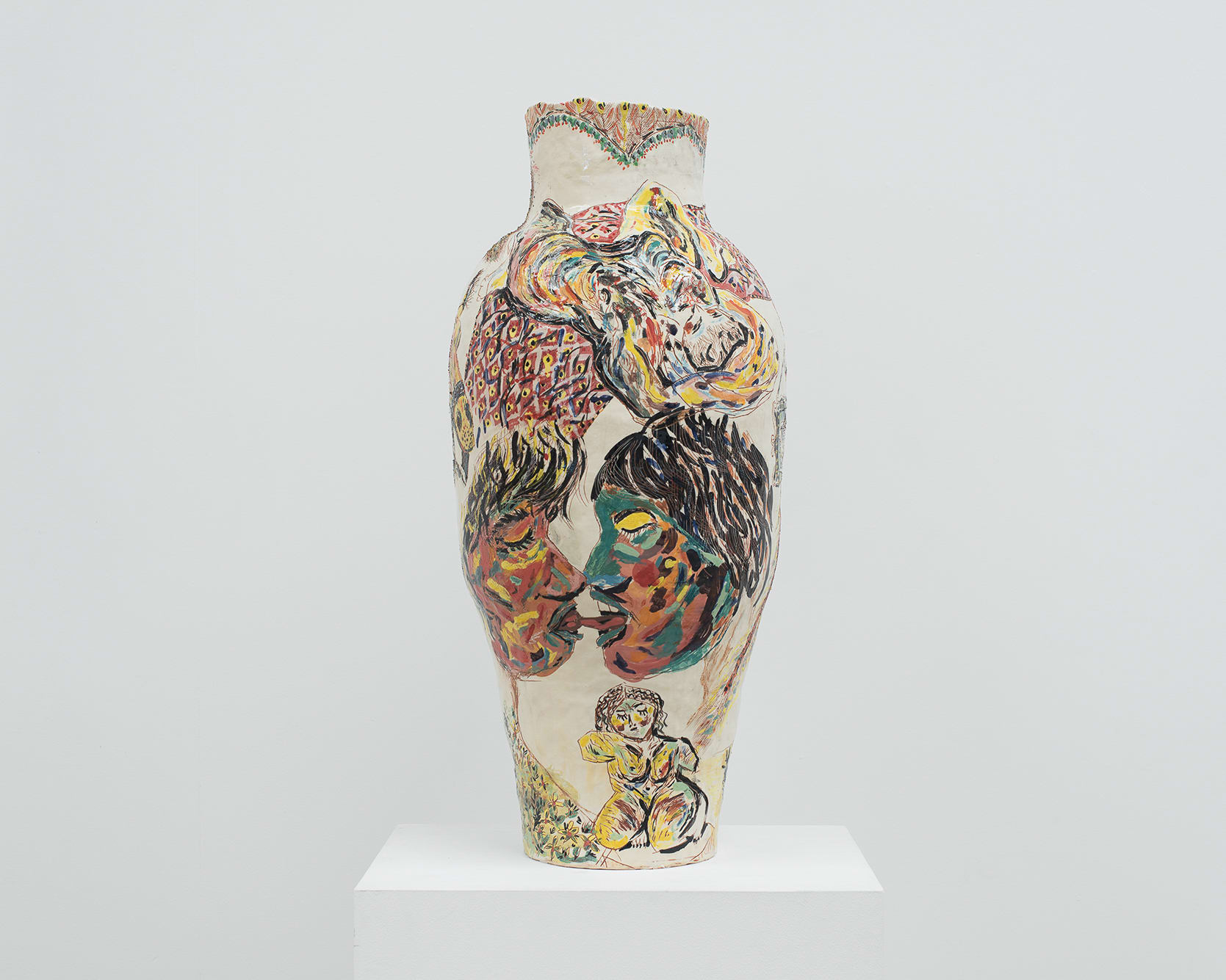 “Two Bodies Kissing” (2025), glazed earthenware sculpture by Karim Boumjimar, from Mouths, Vessels, Portals at Alice Folker Gallery.