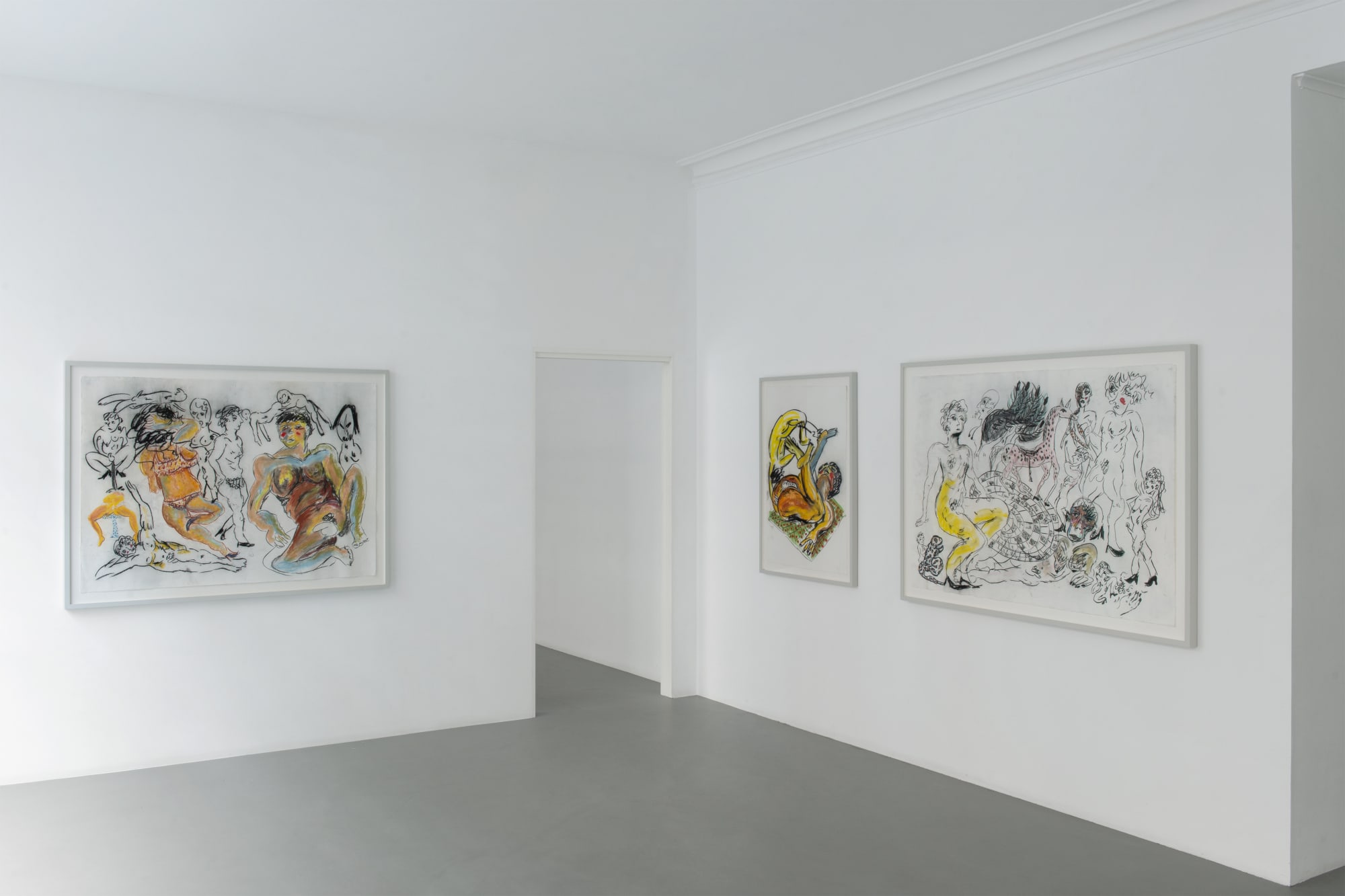 Gallery view of Karim Boumjimar’s Mouths, Vessels, Portals (2025), featuring framed works on paper alongside earthenware sculptures.