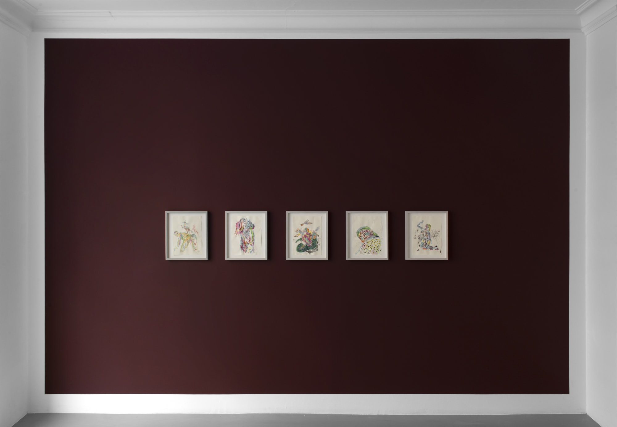 Installation view of Karim Boumjimar’s exhibition Mouths, Vessels, Portals (2025) at Alice Folker Gallery, featuring glazed earthenware sculptures and works on paper.