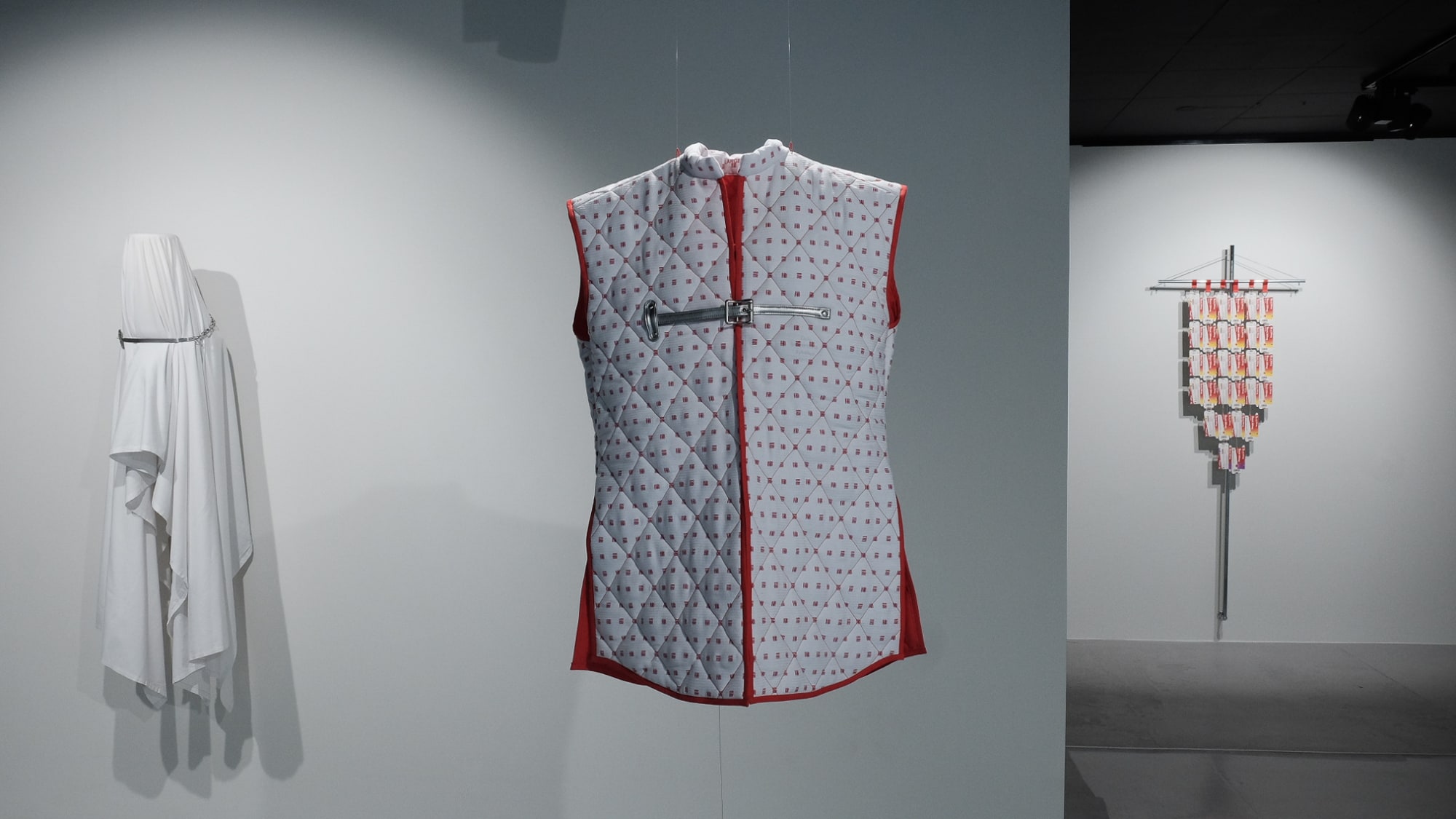 «Hospital Gambeson», 2024 120x60cm, leather, metal, cotton hospital shirt.