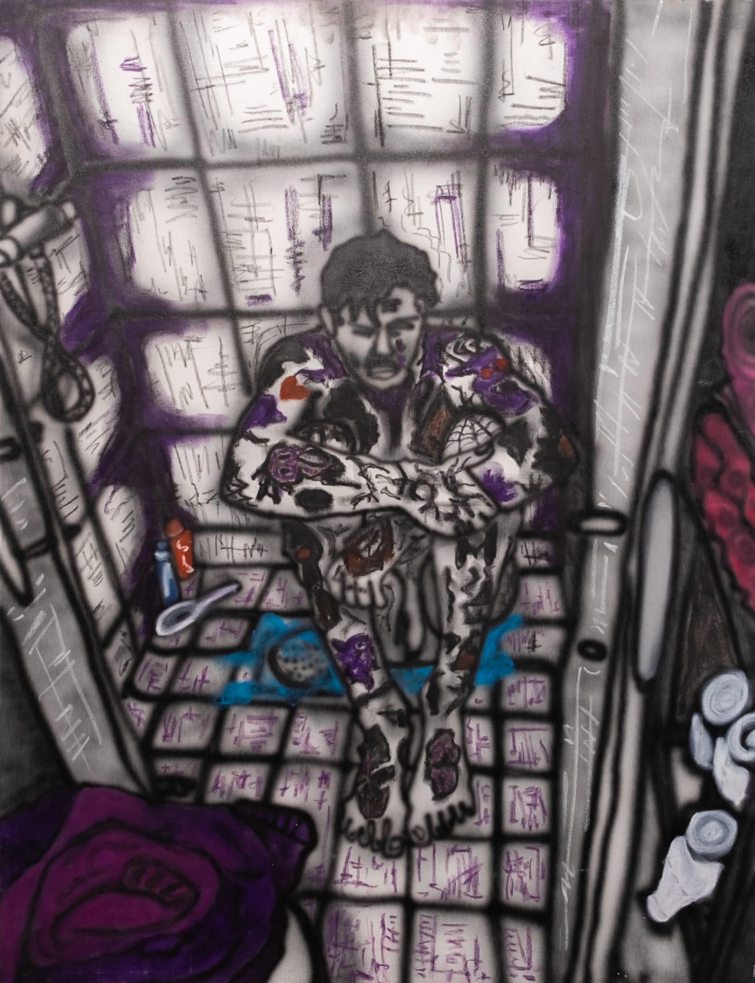 "I hope I Drown in the Shower", 2025 116x88cm, Airbrush and oilpastel on canvas