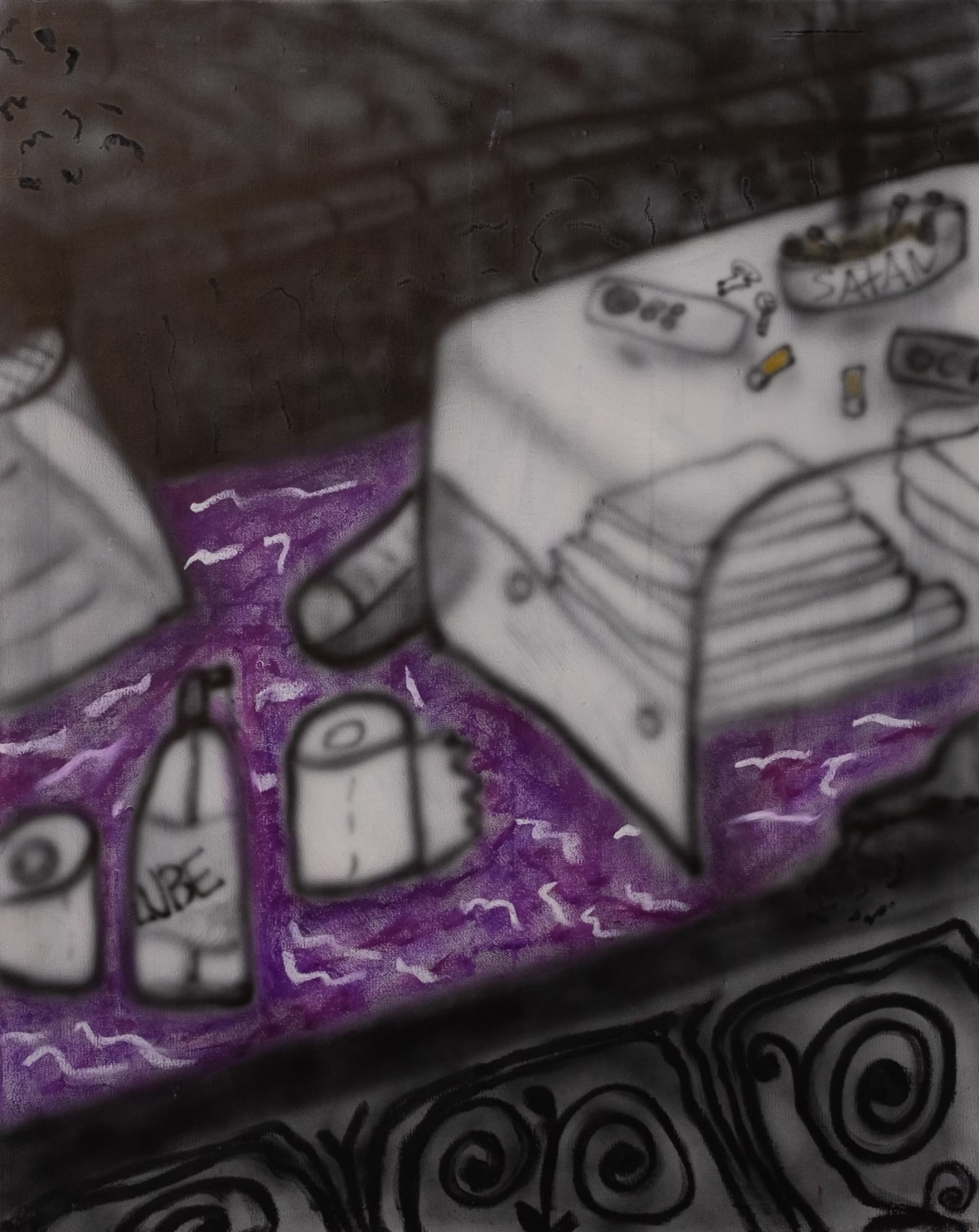 "Why does the carpet smell so fucking like cat pee?", 2025 80x64cm, Airbrush and oilpastel on canvas