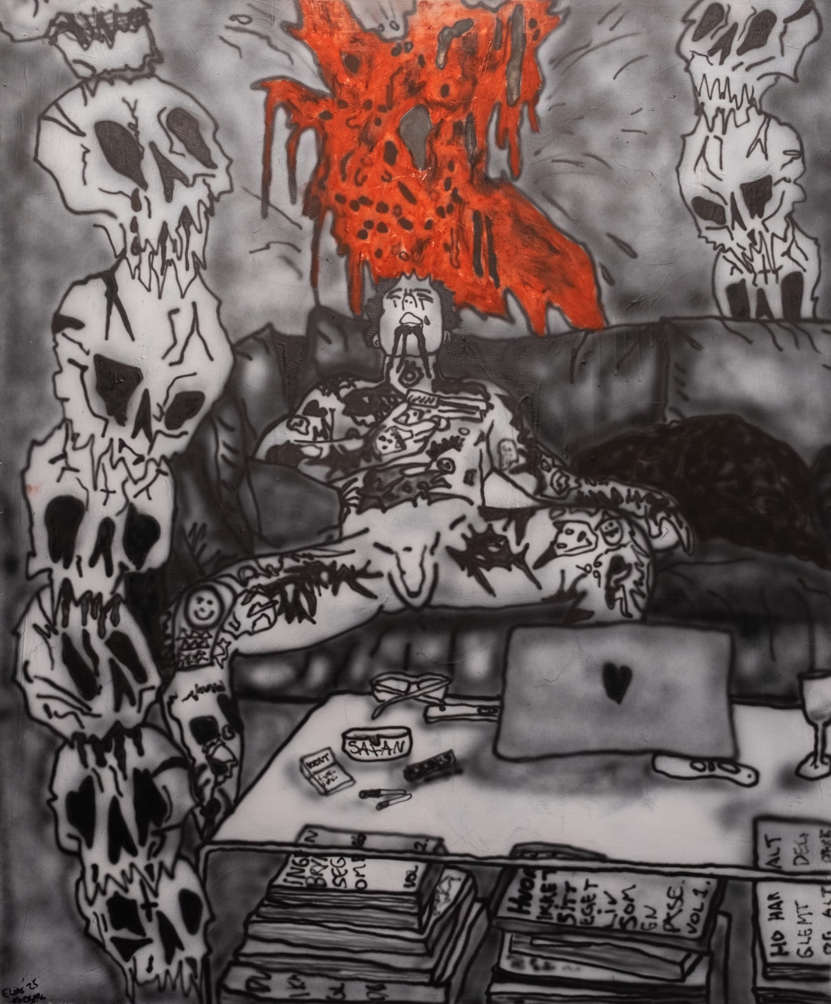 "Welcome home, a little late (Black)", 2025 120x100cm, Airbrush and oilpastel on canvas