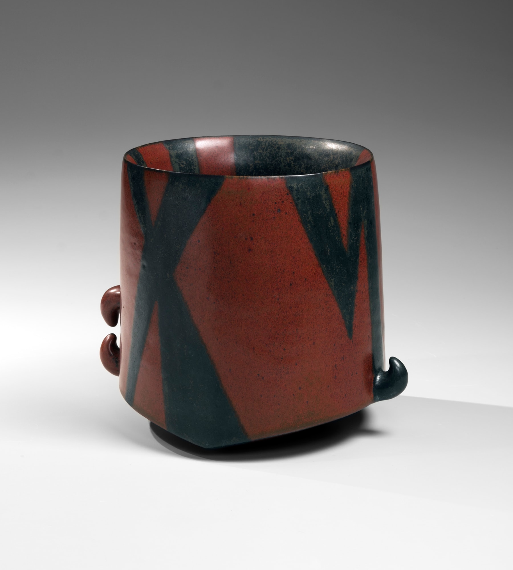 Black Rust Vase; Eared vessel with abstract design in red and blackish-green glazes 1987 Glazed stoneware 7 1/4 x 8 in. Inv# 9832