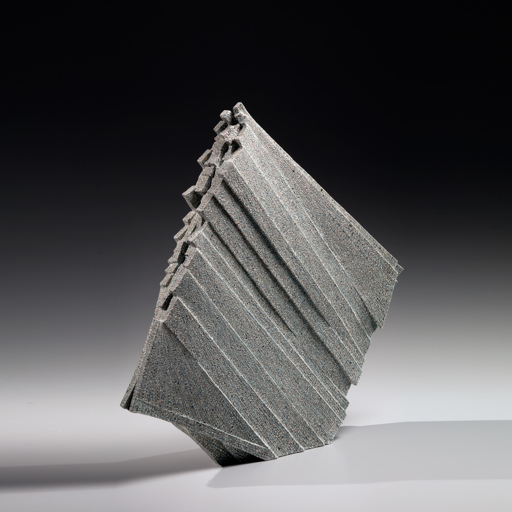 Kishi Eiko Diagonal standing sculpture with triangular upward layered planes 2015 Shigaraki stoneware with colored-clay chamotte inlays 26 3/8 x 26 3/8 x 4 in. Inv# 9600 SOLD